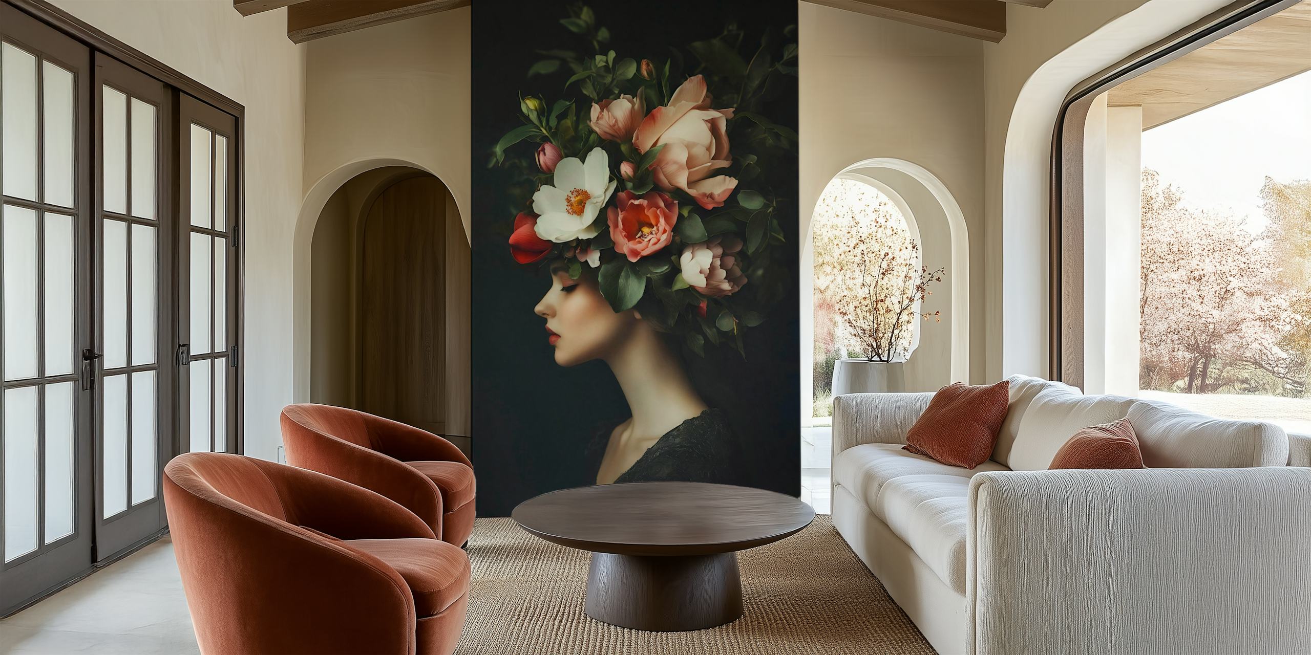 Floral portrait wallpaper in a room