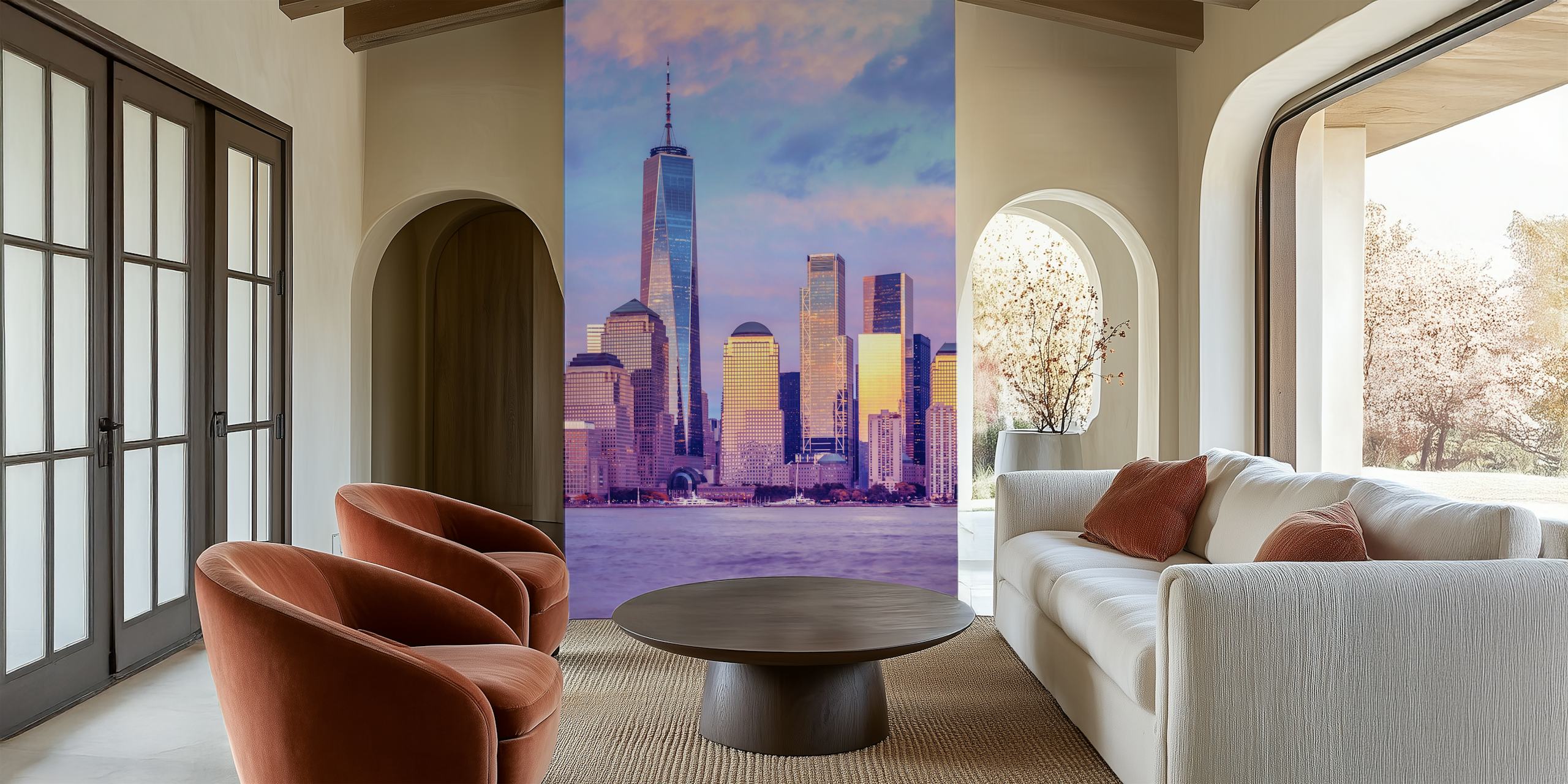 Lower Manhattan skyline at sunset with purple hues wallpaper