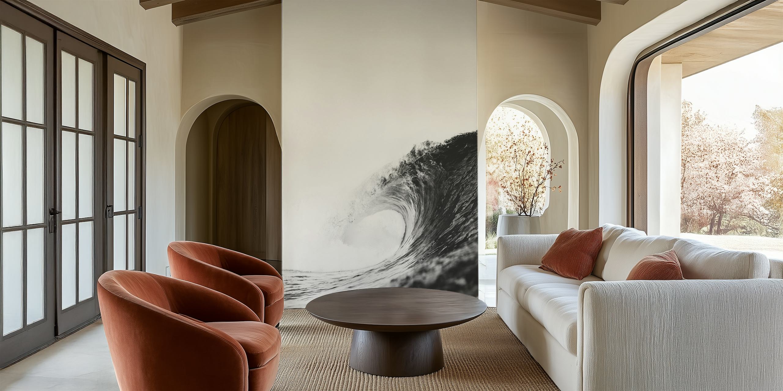 Monochrome Ocean Swell papel tapiz en una habitación