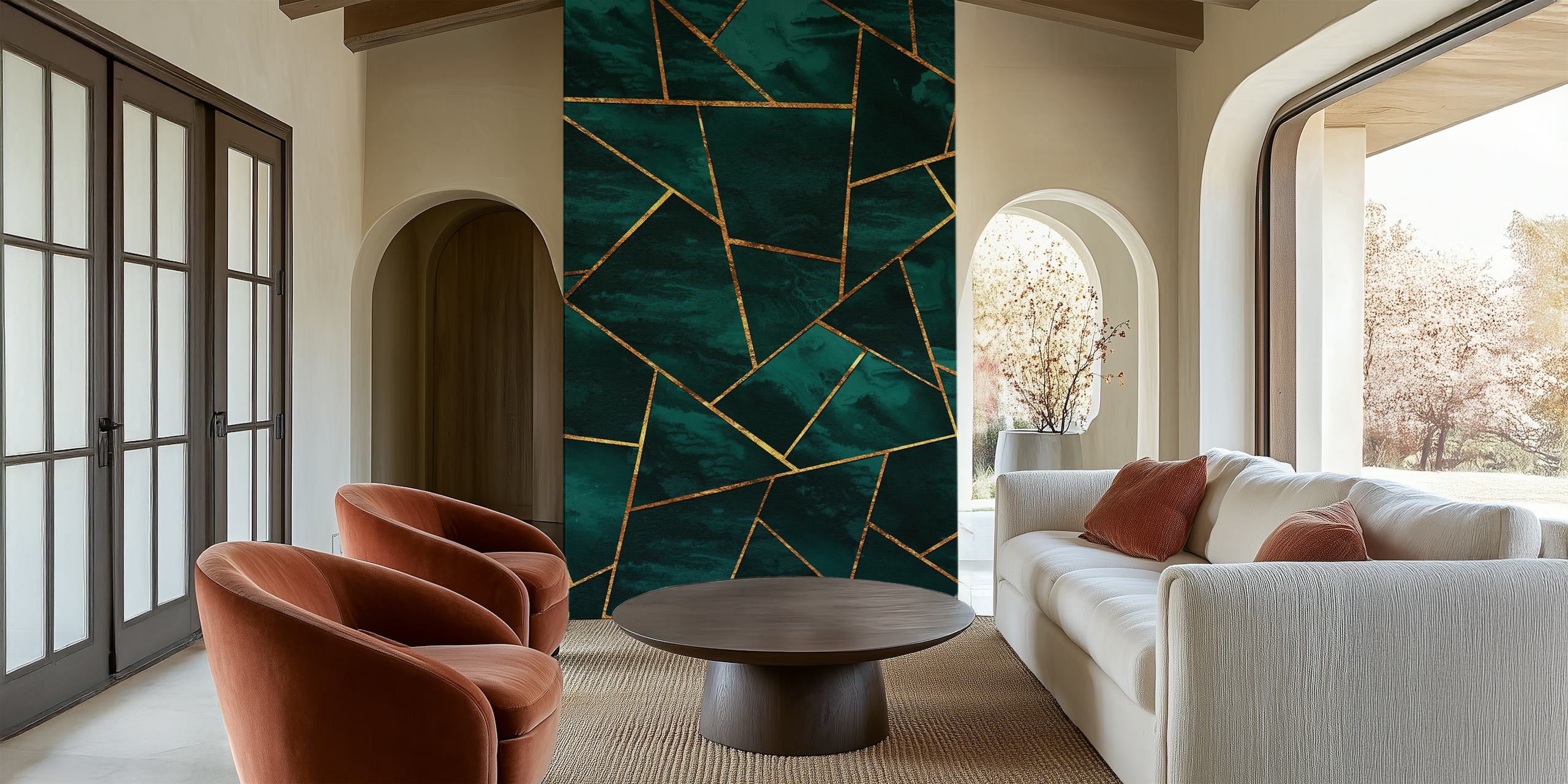 Teal geometric pattern with gold accents wallpaper