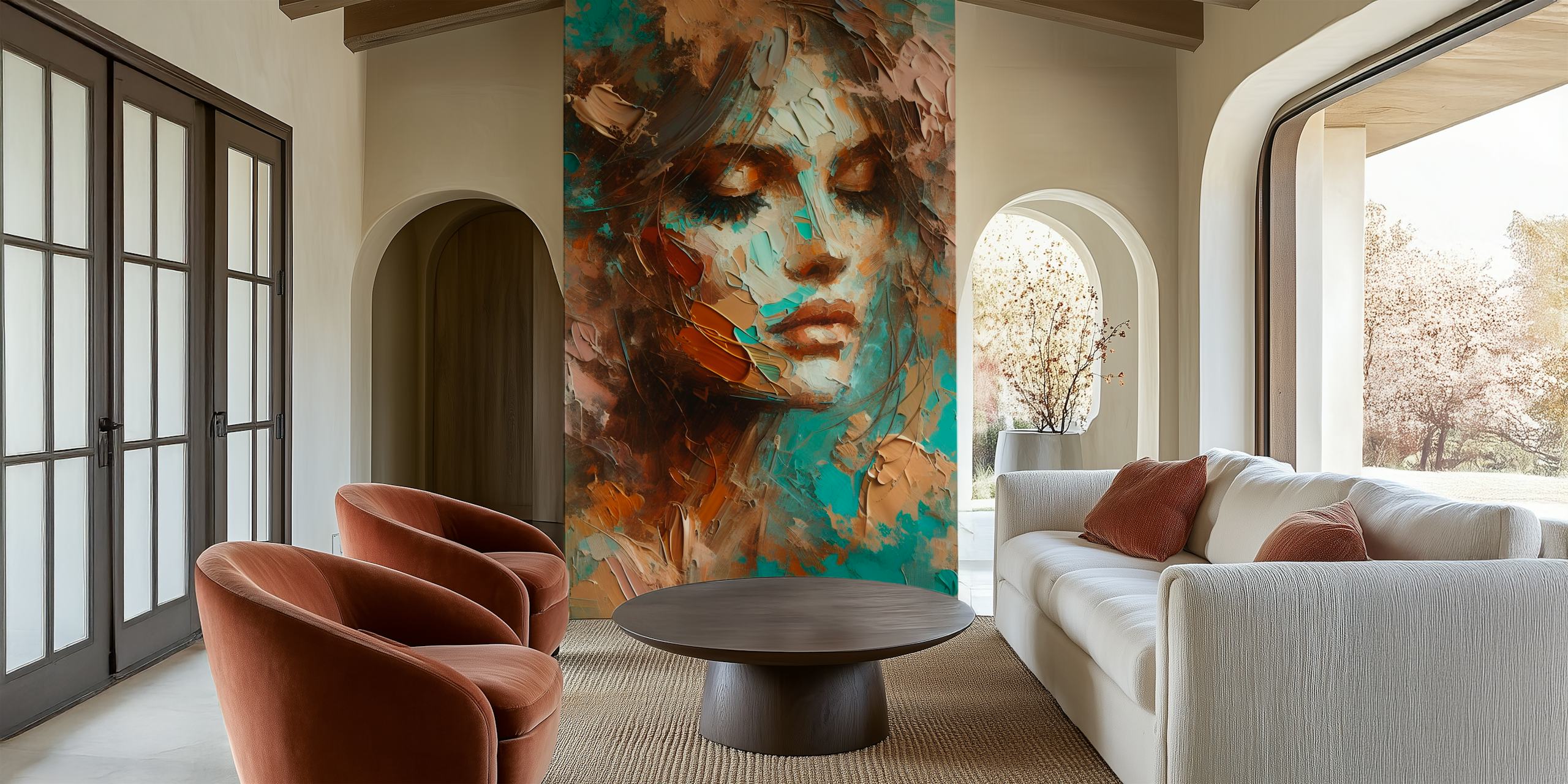 Abstract portrait in turquoise and brown shades wallpaper
