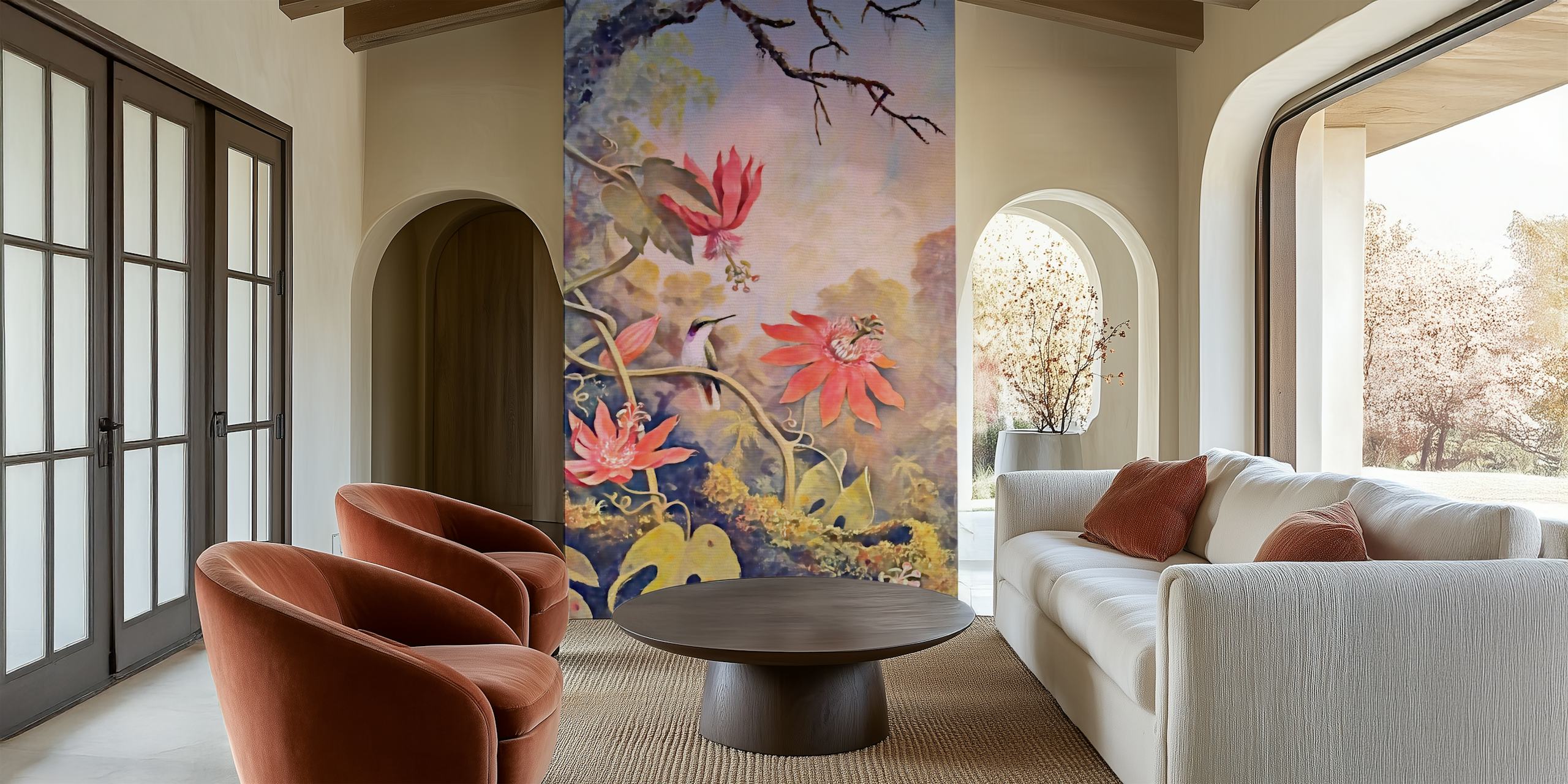 Vibrant pink flowers and green vines in a tropical wallpaper
