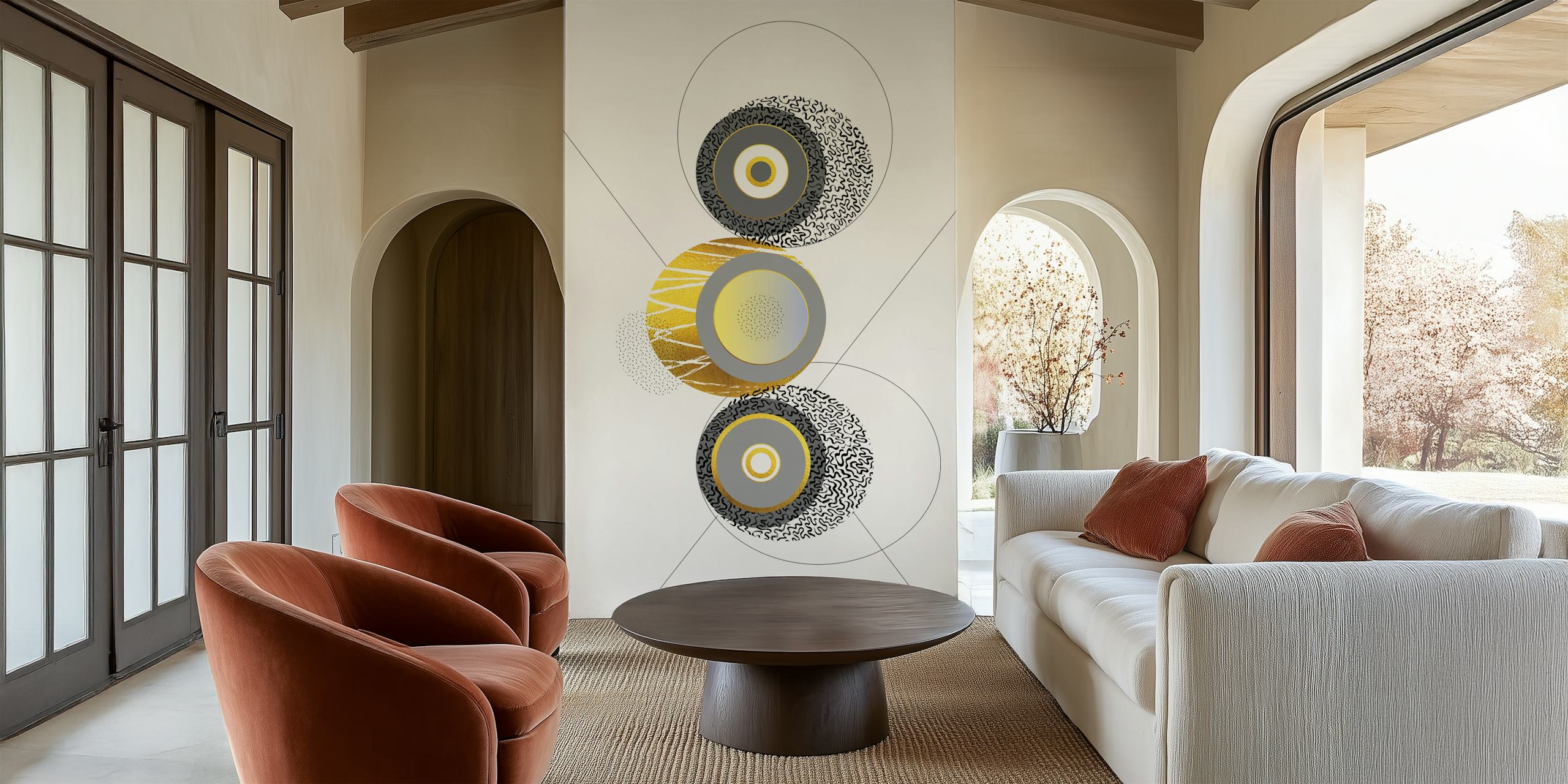 Abstract circular pattern wall mural with gold, black, and white colors