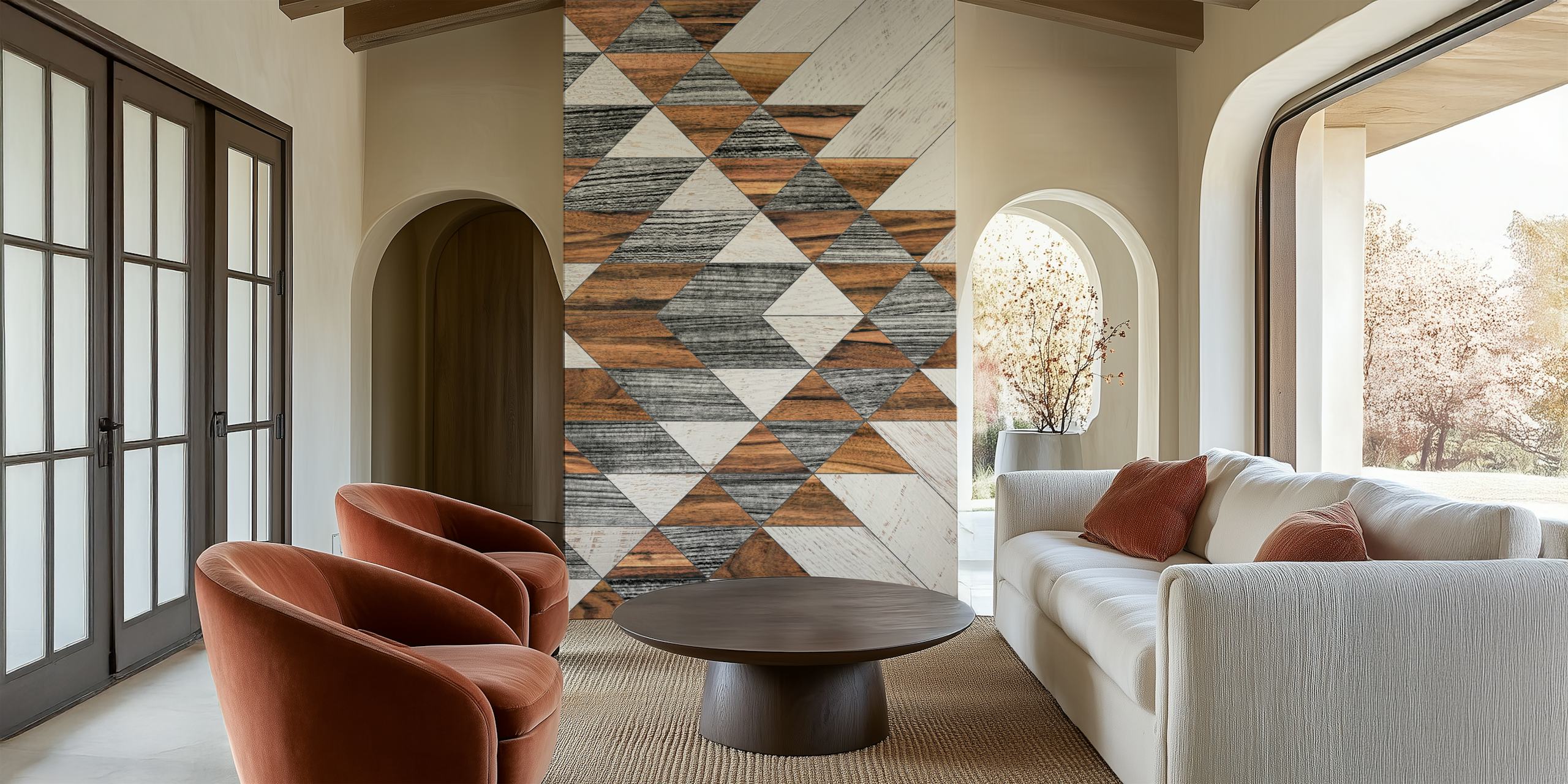 Geometric wood pattern in brown and gray tones wallpaper