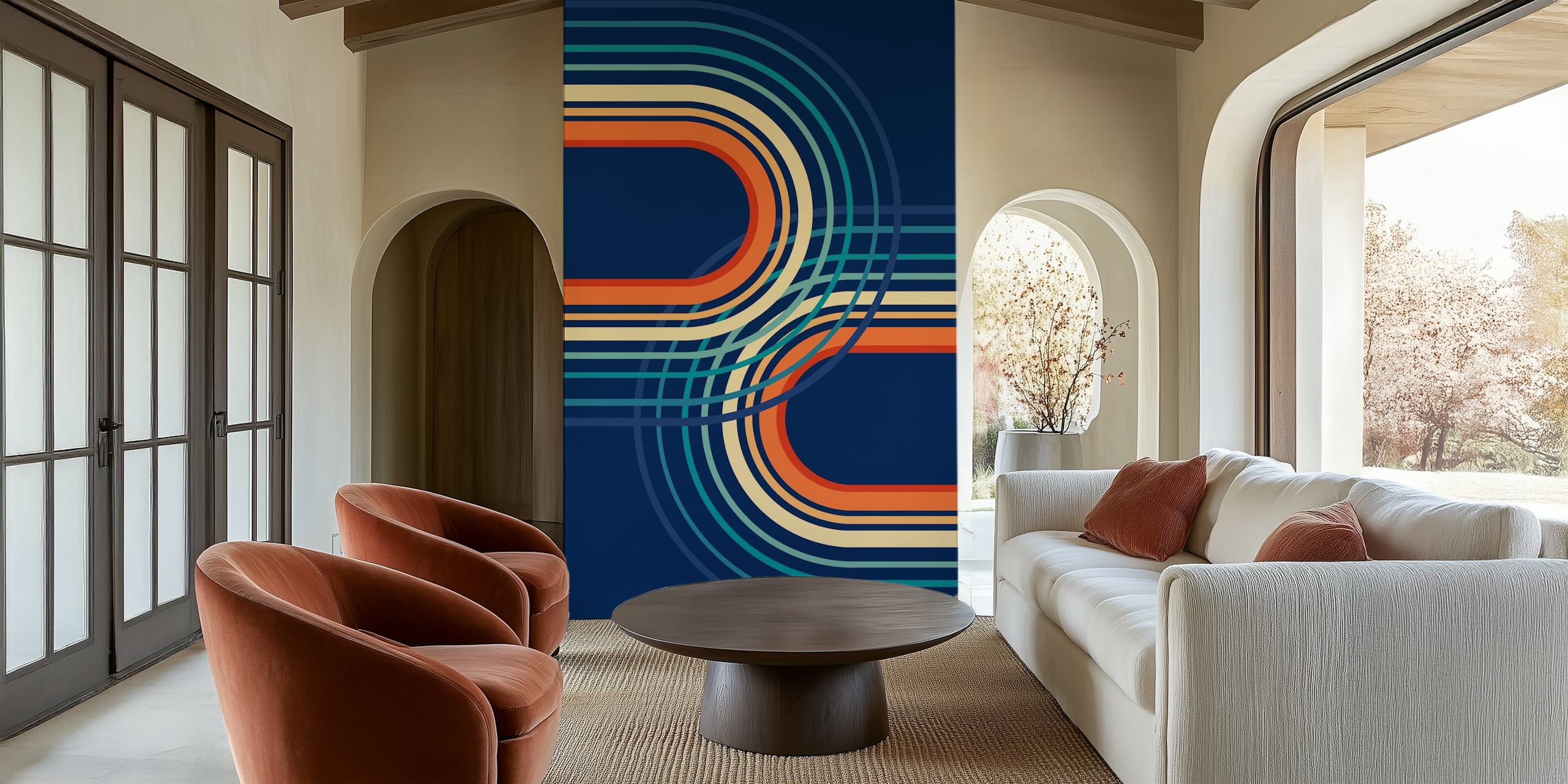 Geometric rainbow arch patterns in blue, orange, and cream wallpaper