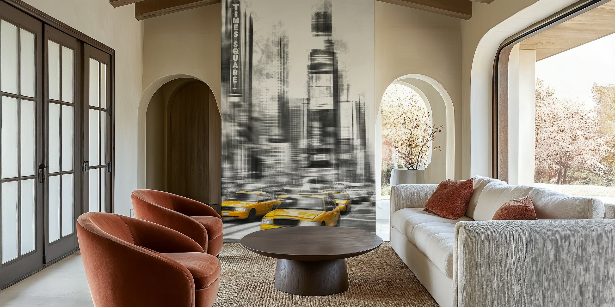 New York Times Square black and white mural with yellow taxis wallpaper
