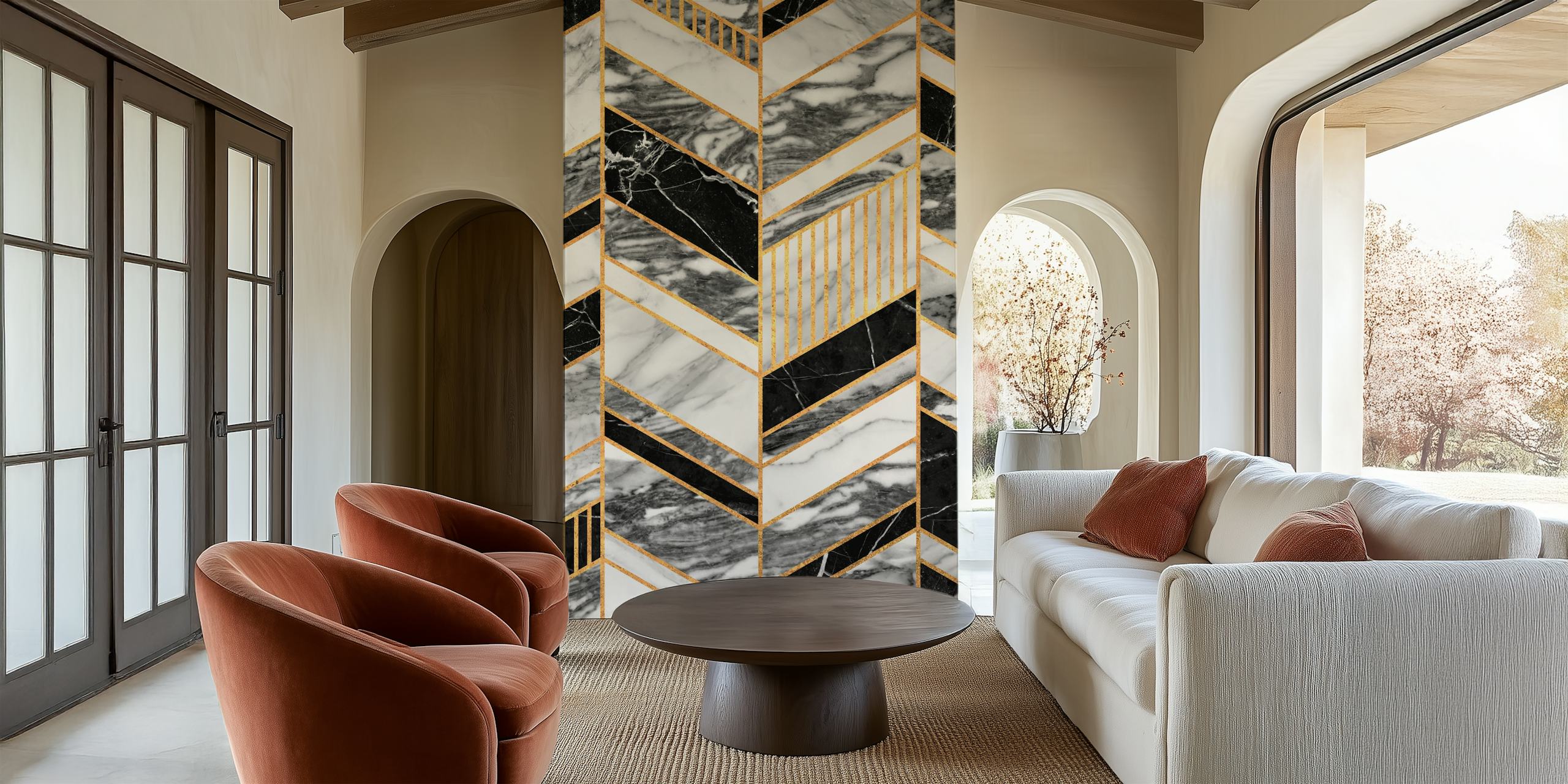 Chevron marble pattern wall mural with gold accents