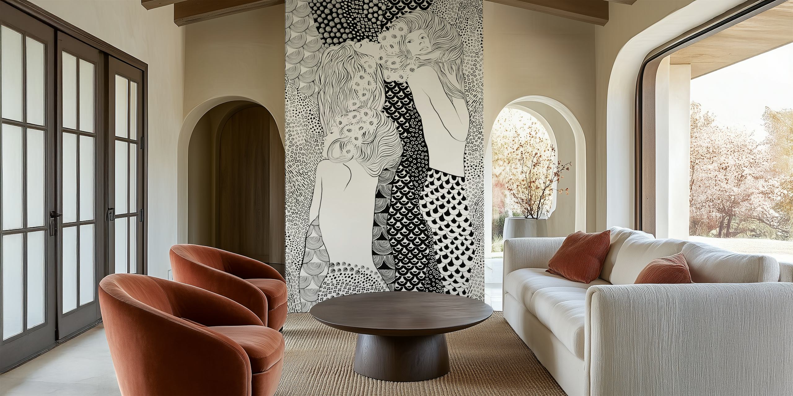 Three stylized figures with wavy hair and patterned tails in black and white wallpaper