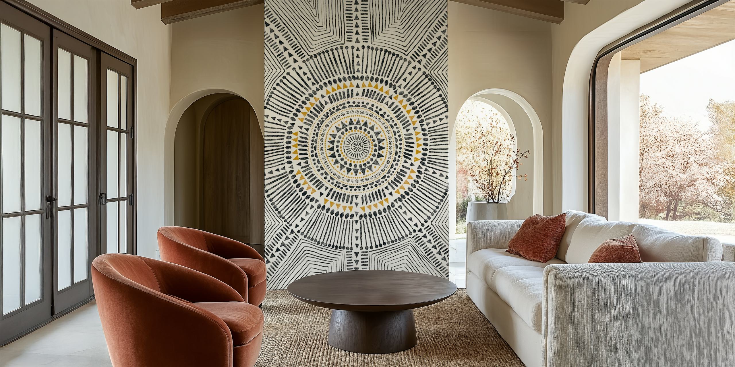Black and white tribal pattern with gold accents wallpaper