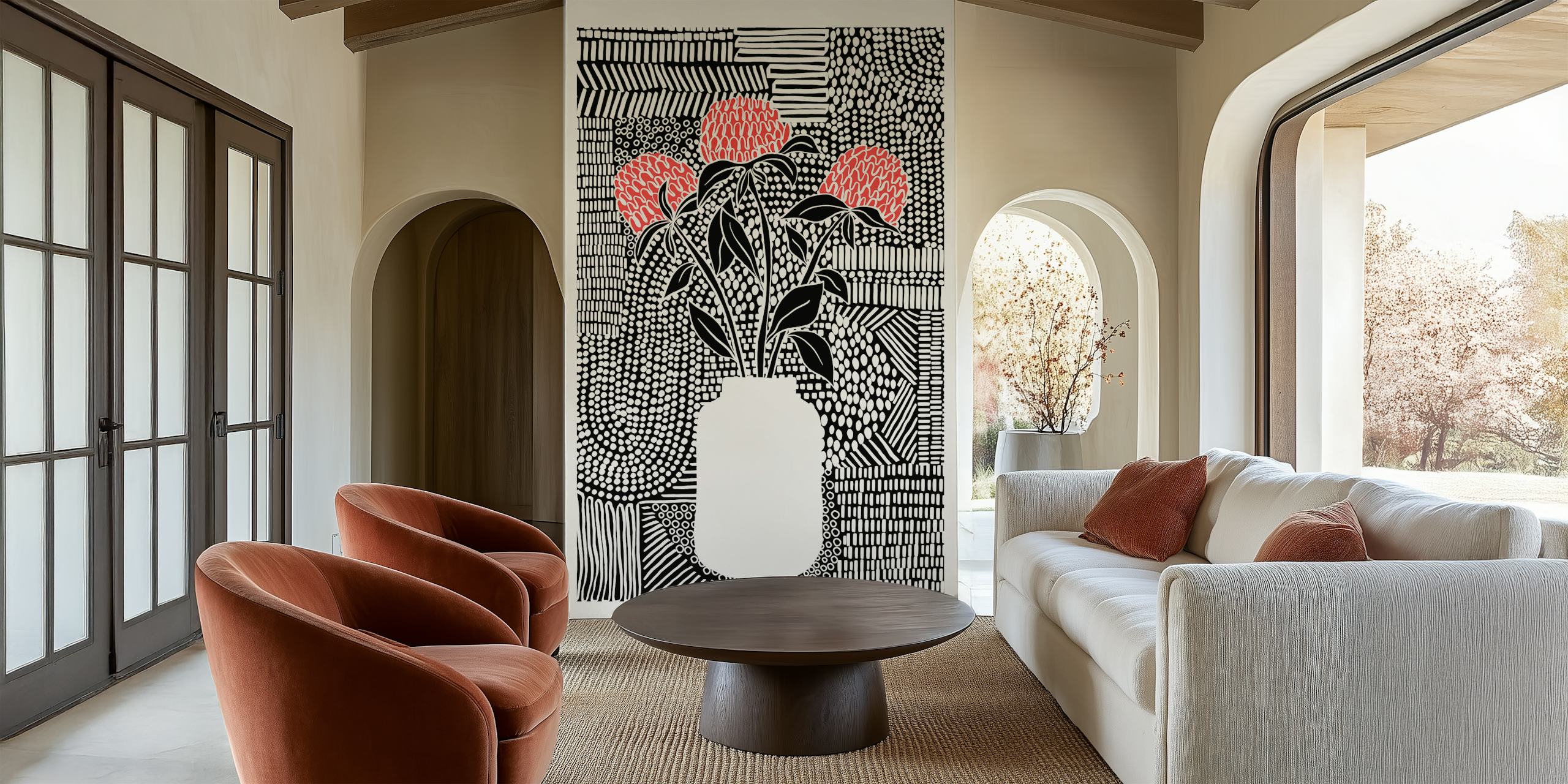 Floral design with red flowers and black and white patterns wallpaper