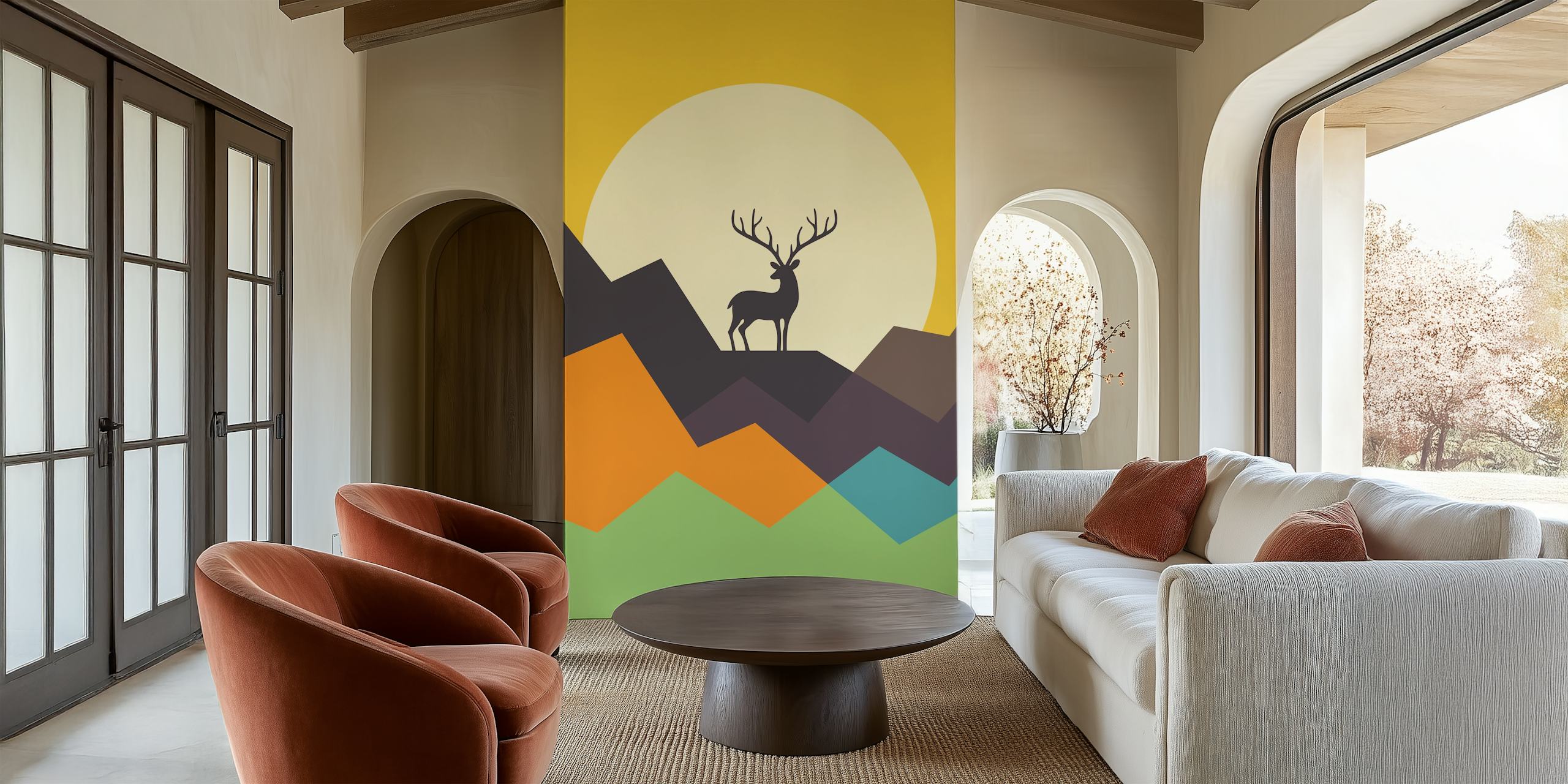 Silhouette of a deer against a colorful mountain backdrop wallpaper