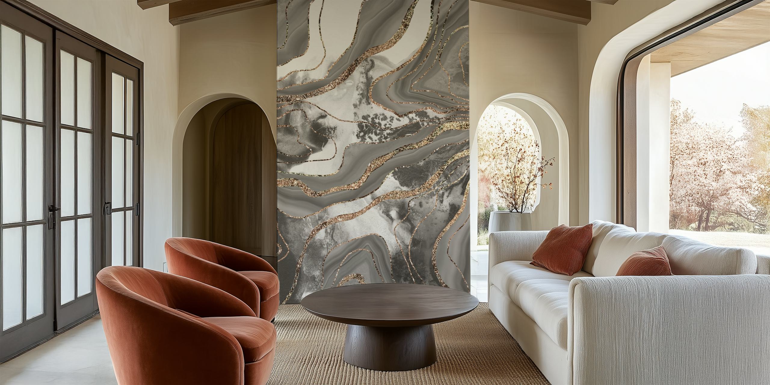 Elegant liquid marble agate wall mural with grey, white, and gold patterns