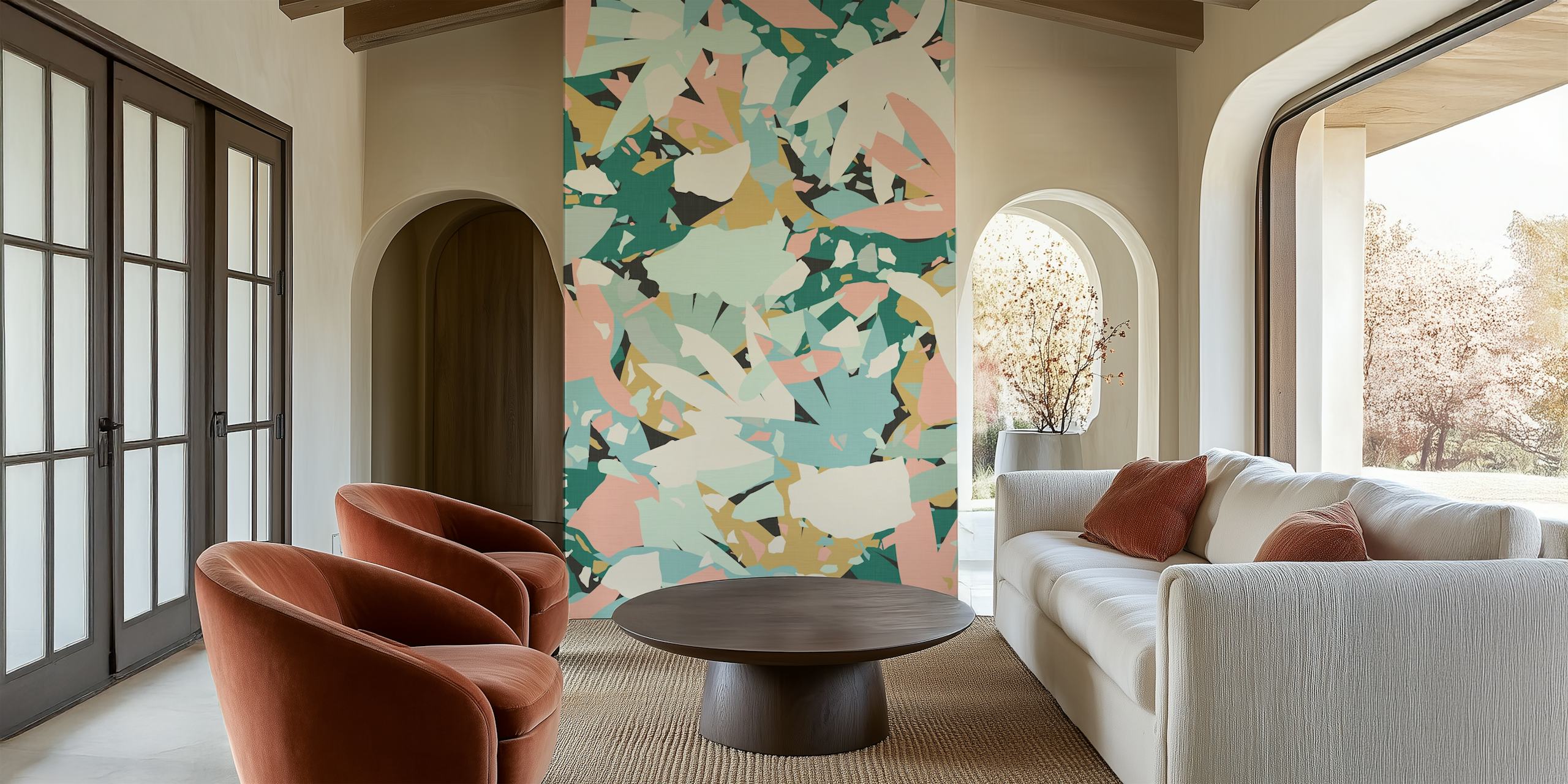 Abstract Pastel Leaves Wallpaper i ett rum