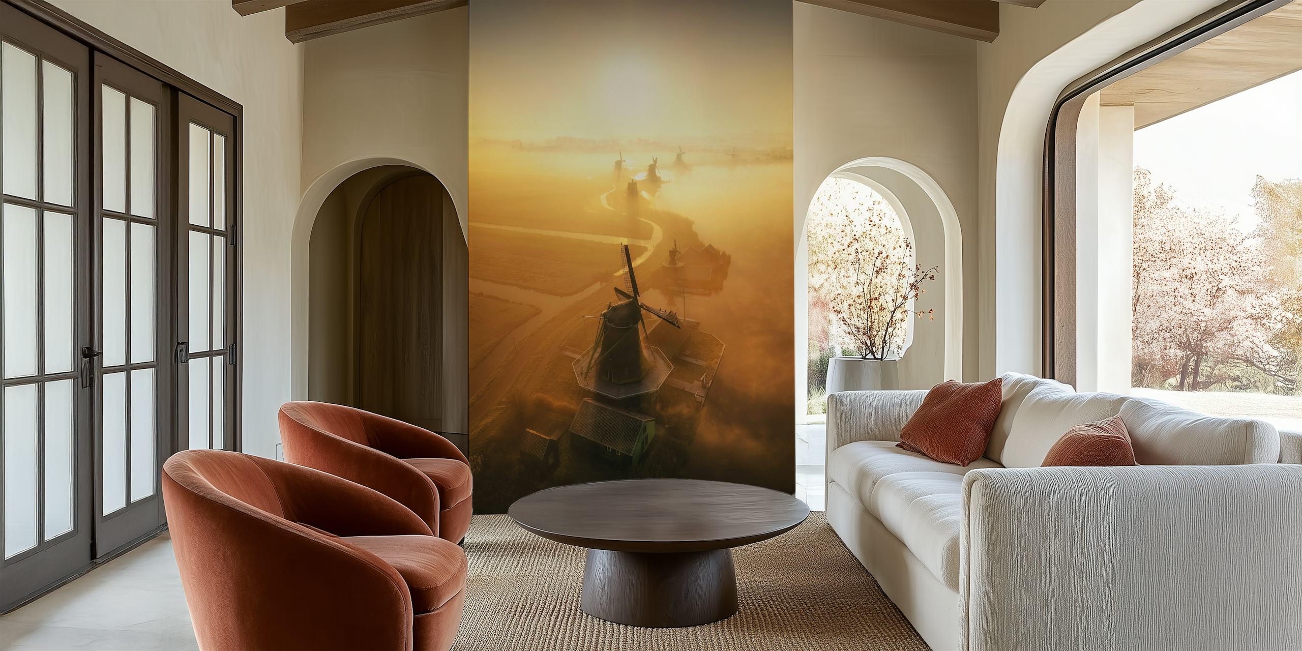 Windmills at sunrise wallpaper in a room