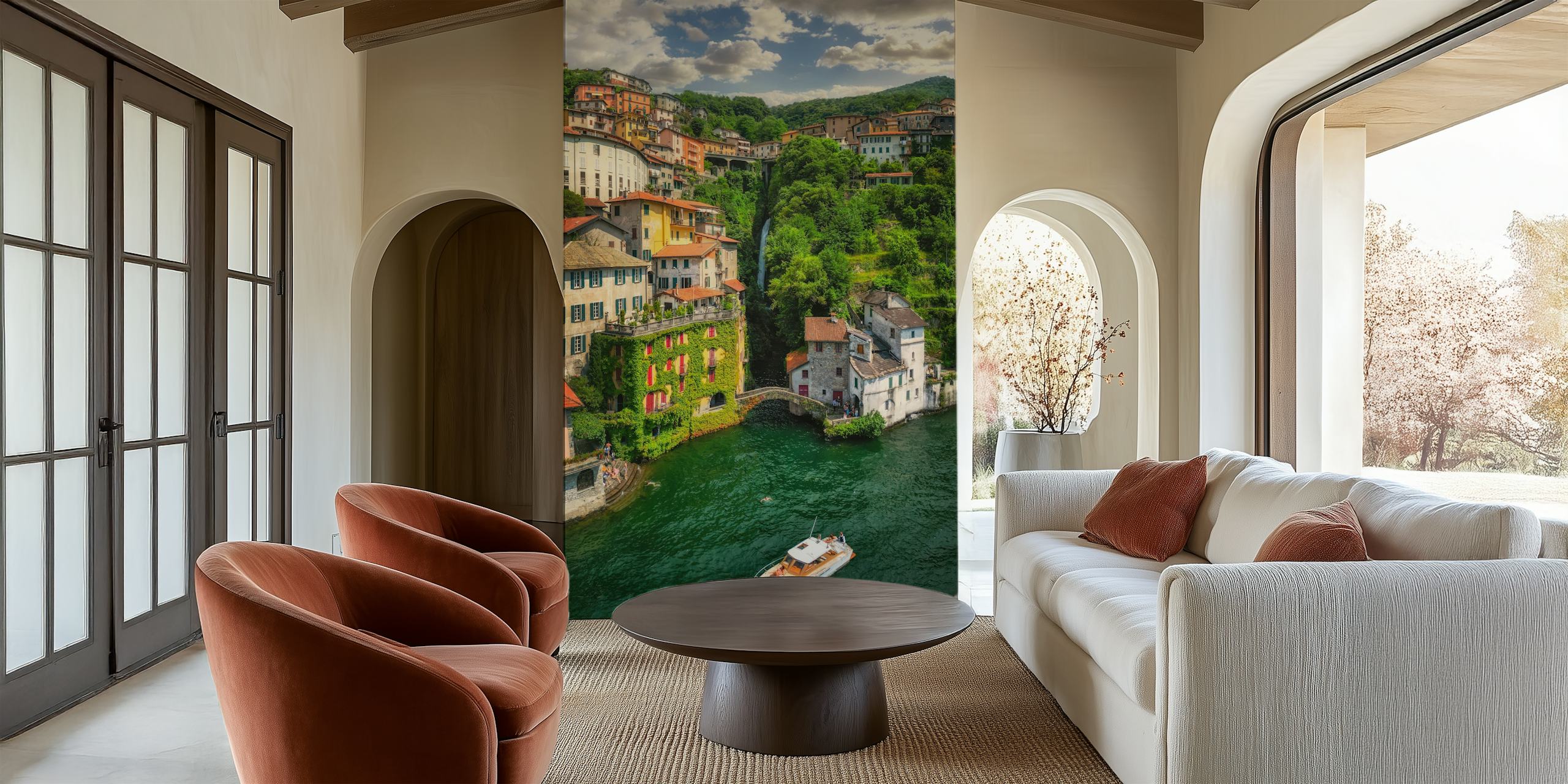 Enchanting lakeside village wallpaper in a room