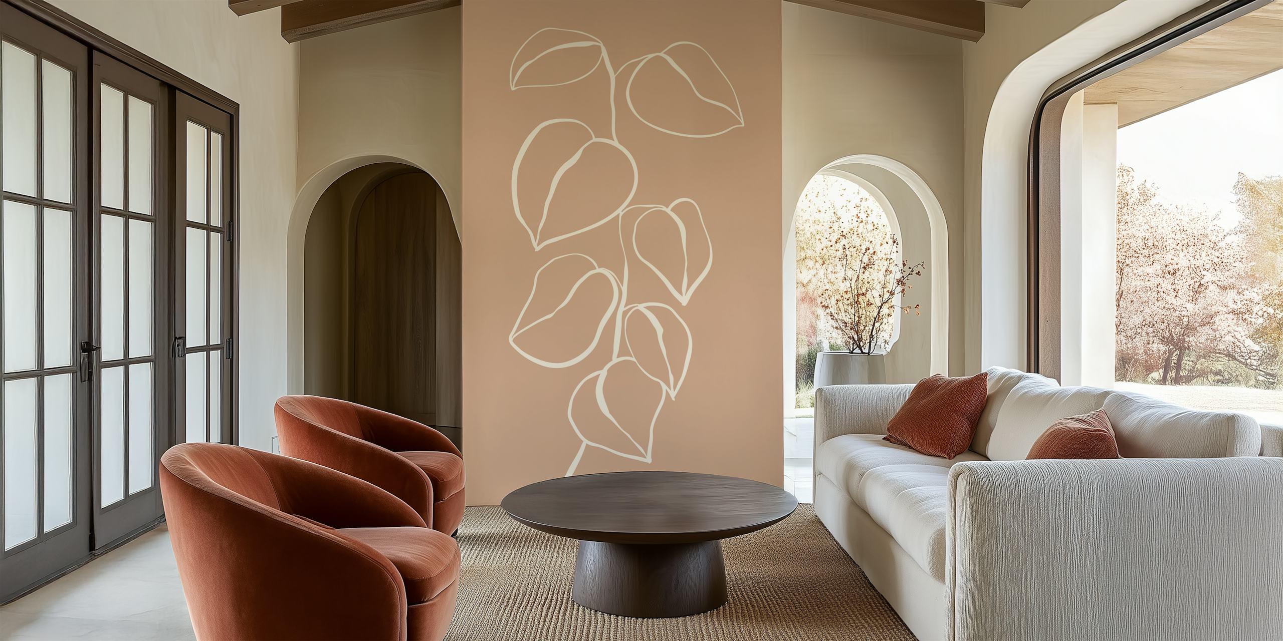 Elegant botanical leaves wallpaper in a room.
