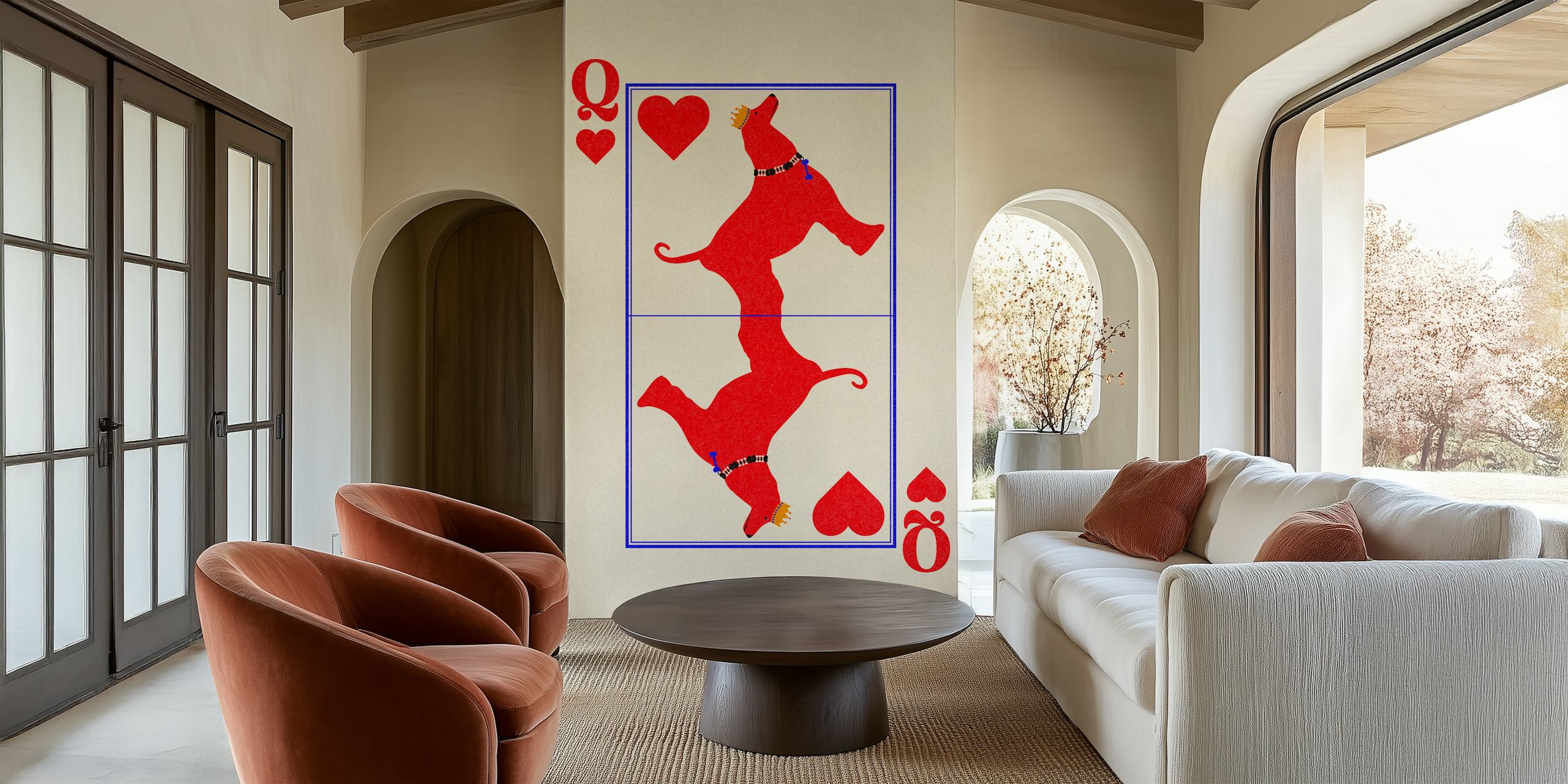 Red dog design with hearts and blue border on cream background wallpaper