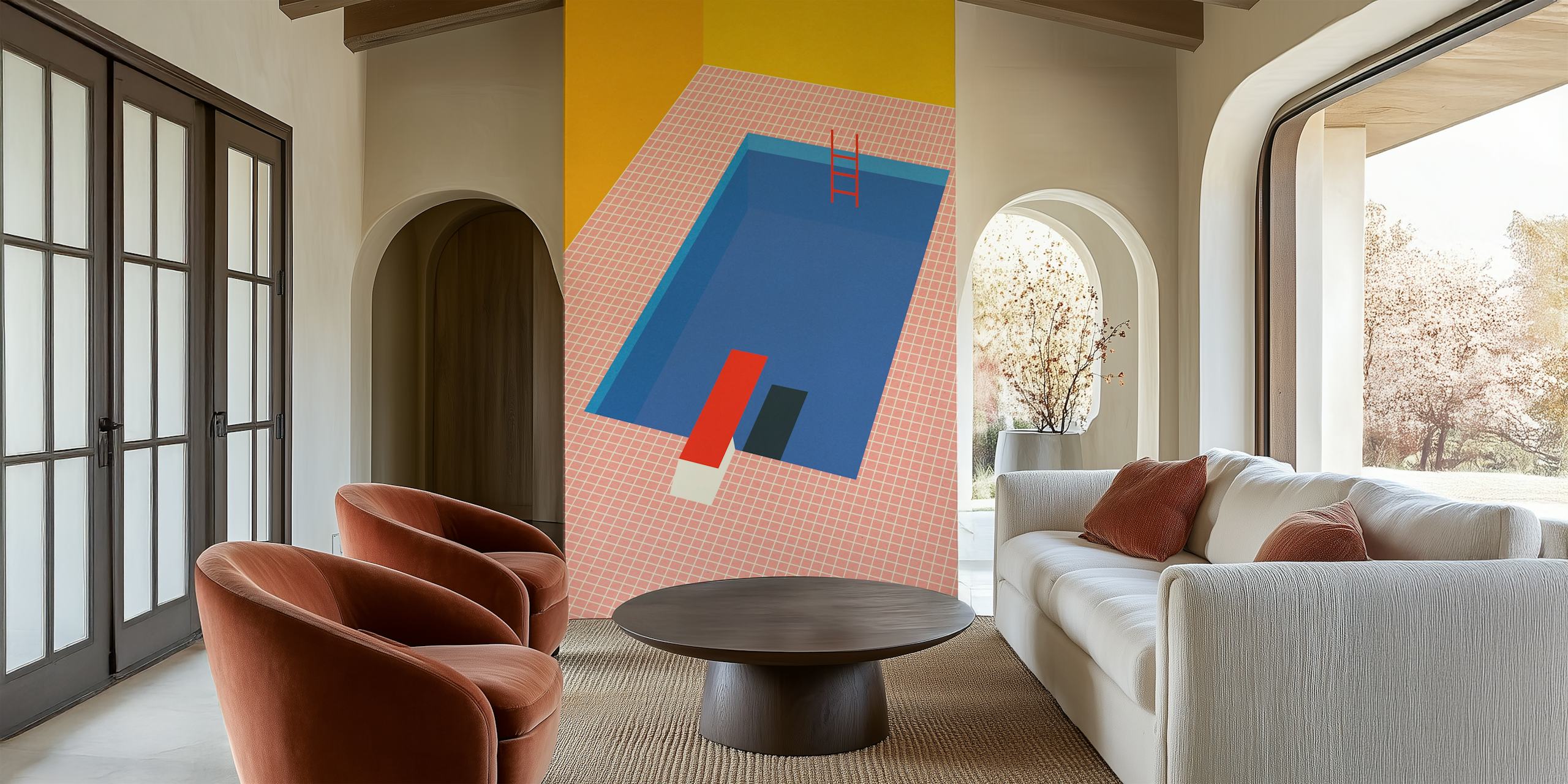 Colorful pool with blue water, red diving board, and yellow wall wallpaper