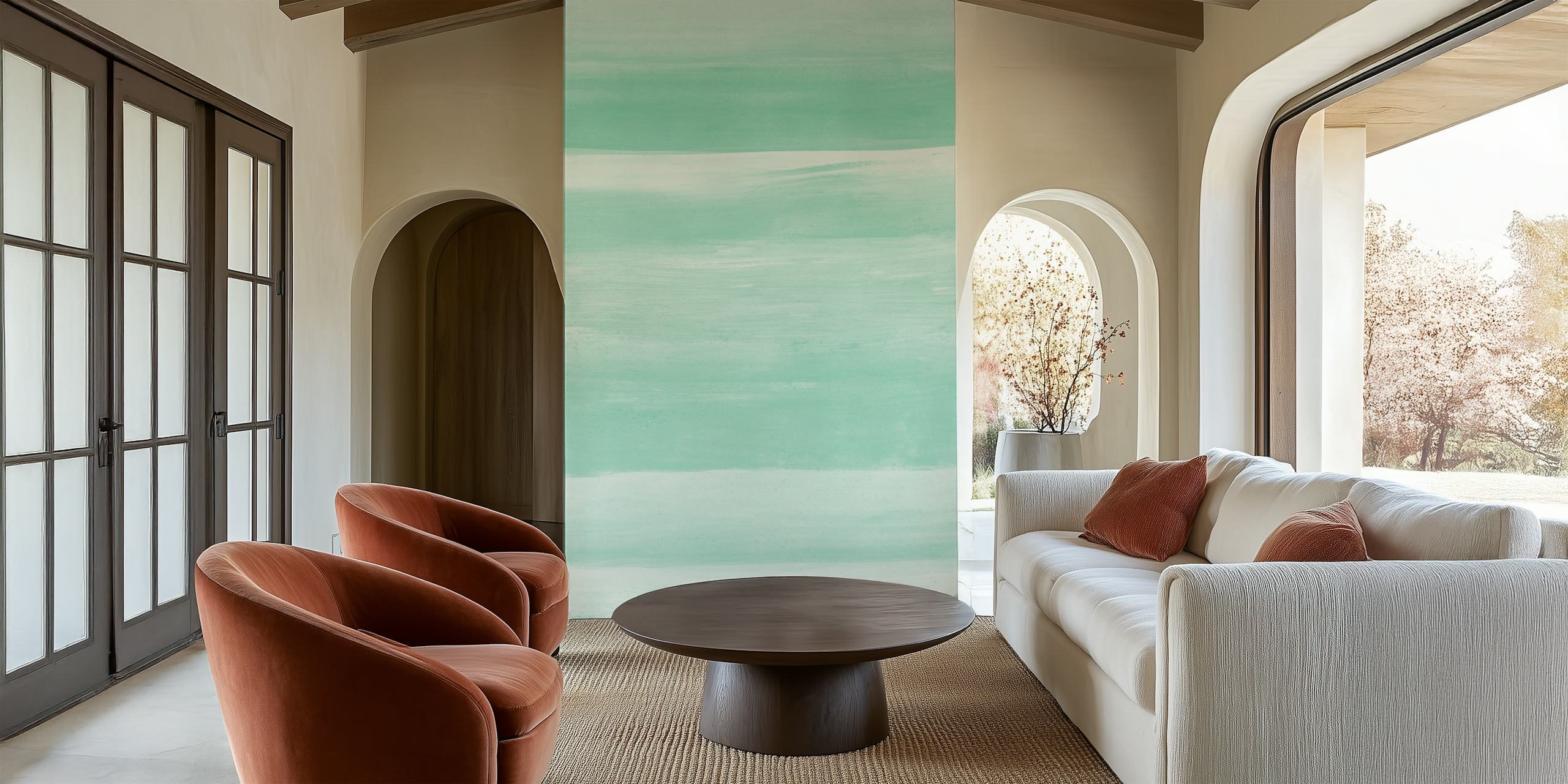 Papel de parede Soft Green Watercolor em um quarto