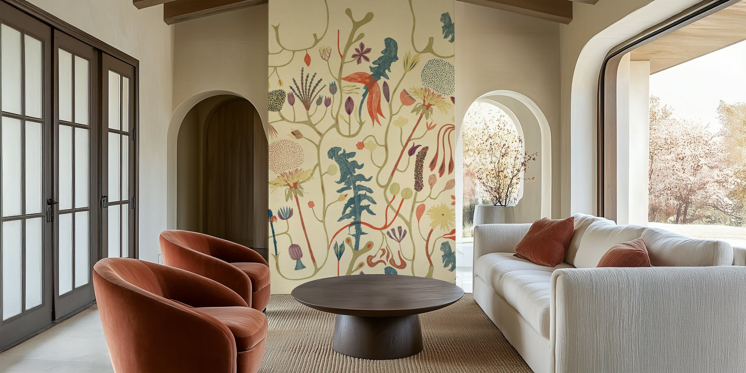 Floral patterned wallpaper design in a room