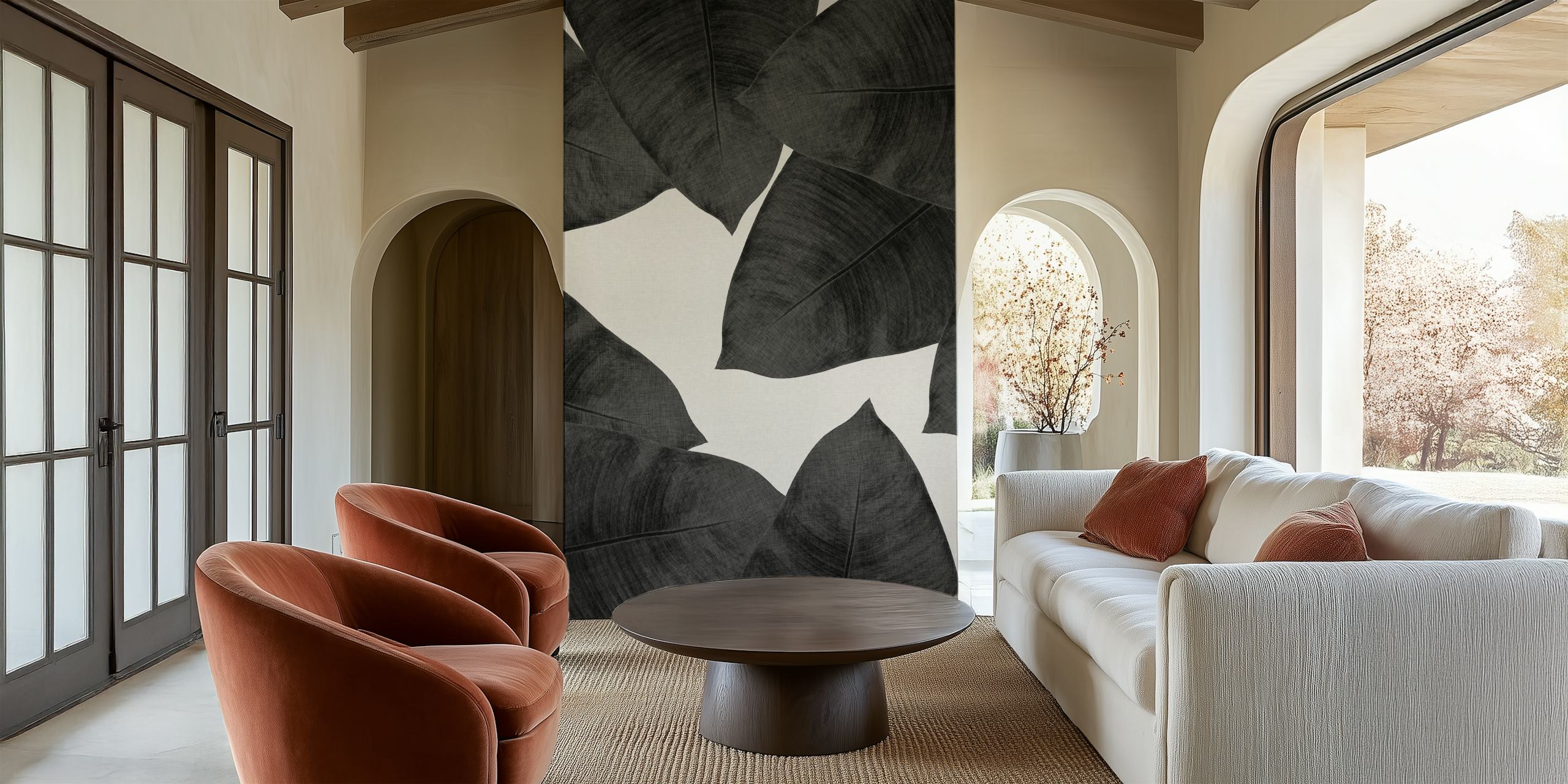 Motif de grandes feuilles noires sur fond blanc, style moderne.