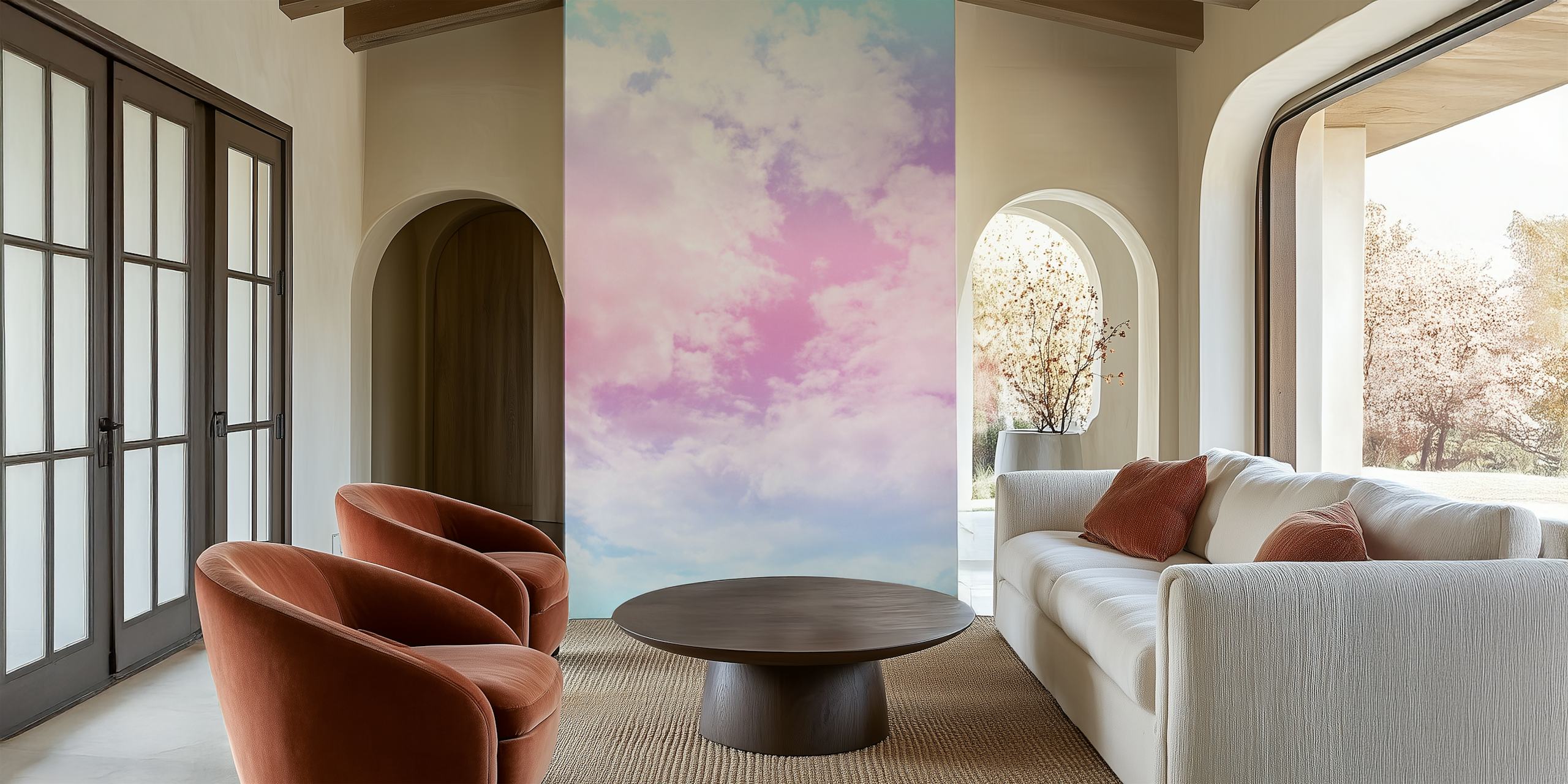 Pastel pink and blue cloud wall mural evoking a whimsical unicorn dreamscape