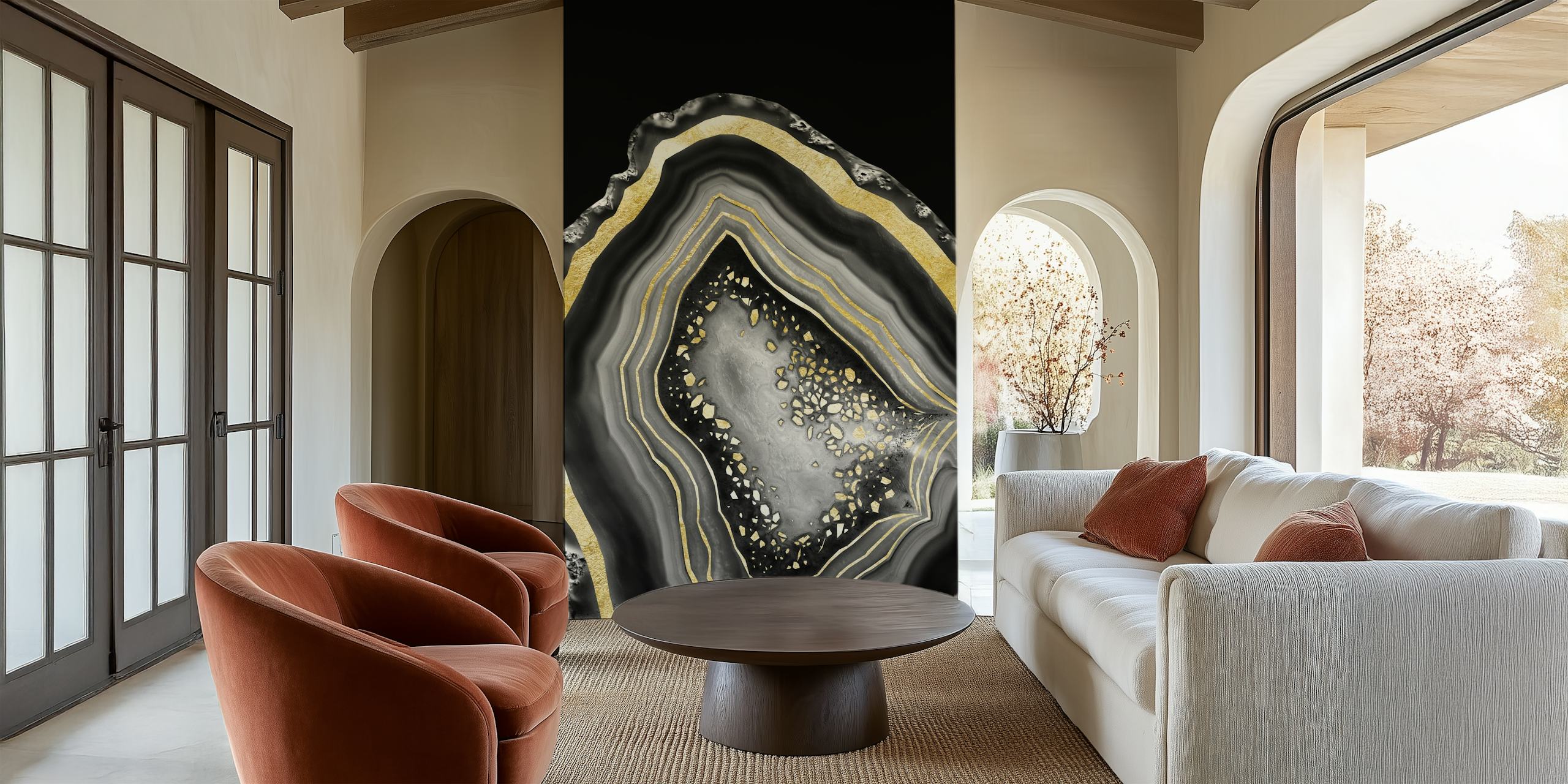 Agate Gold Foil Glam 4 tapet som visar skiktade stenmönster med guldaccenter