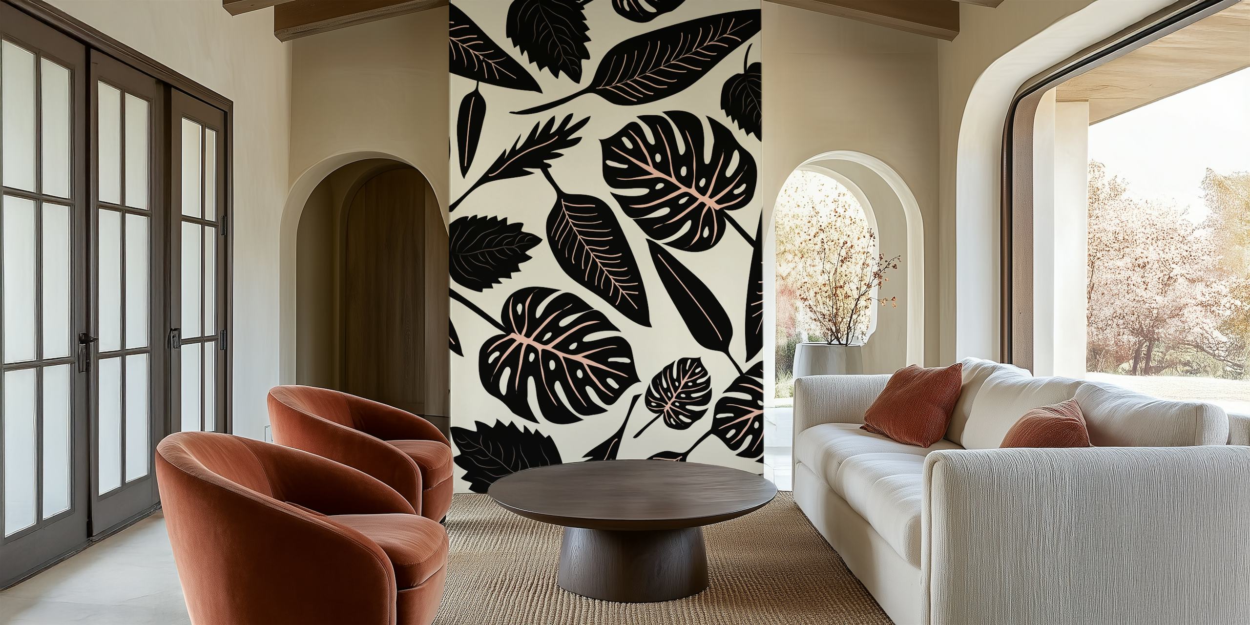Monstera Leaves - Black tapeta v moderním pokoji