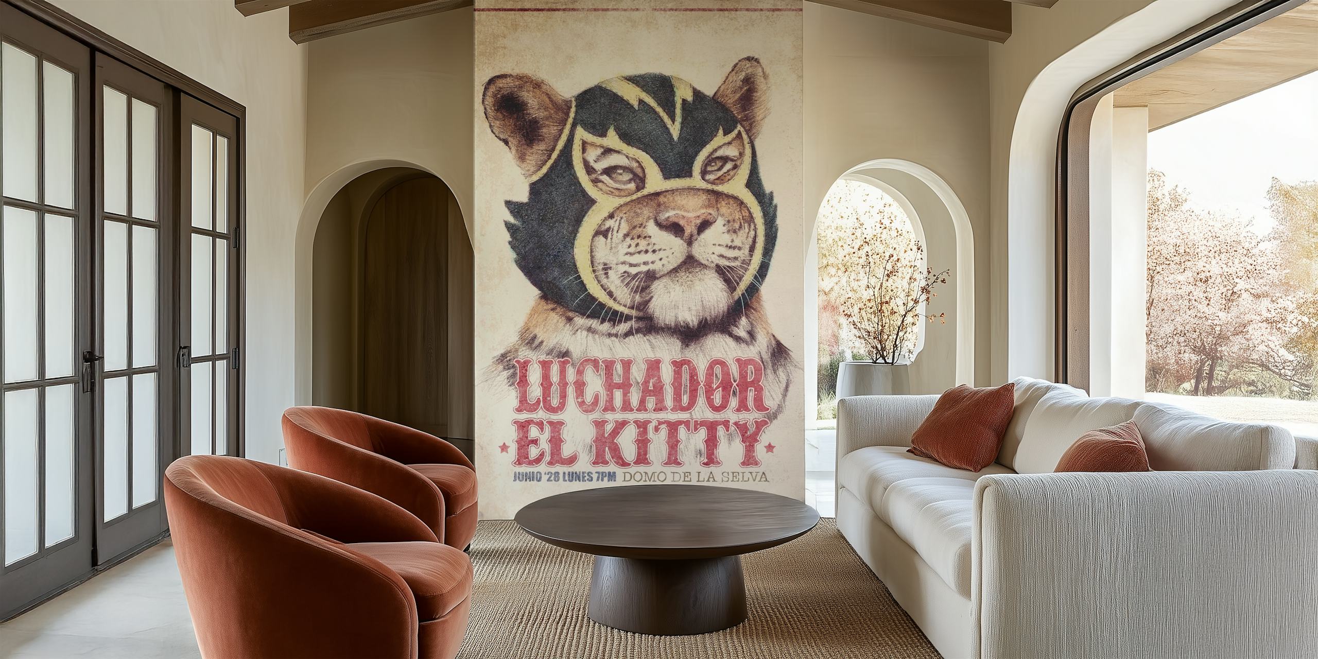 Colorful El Kitty cat wearing a mask, vintage style wallpaper