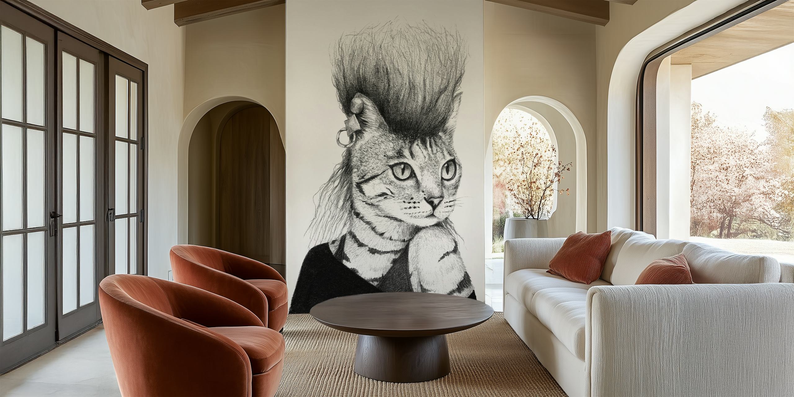 Rock-style cat illustration with mohawk hair in black and white wallpaper