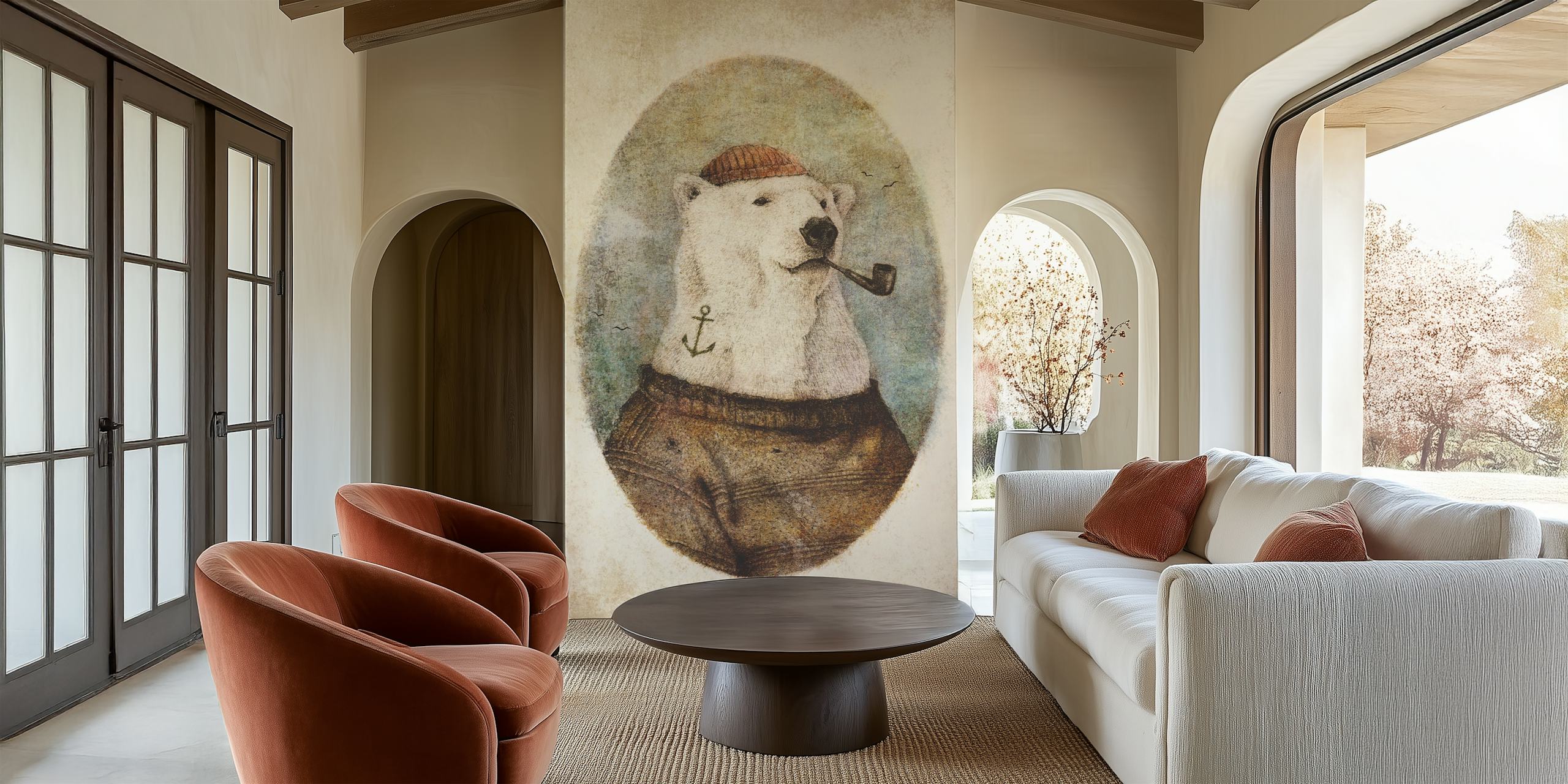 Whimsical polar bear sailor illustration wall mural on a vintage background