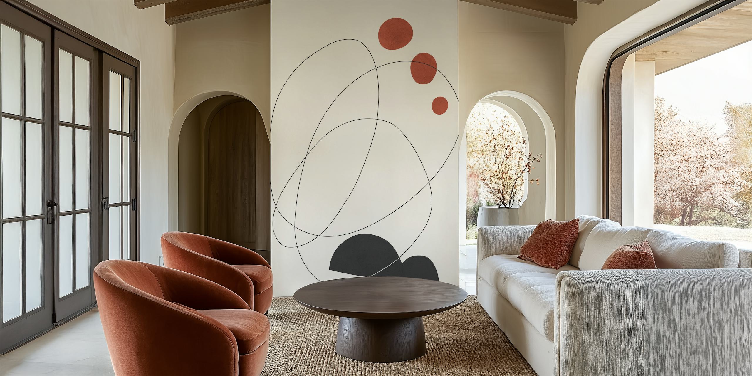 Abstract lines and circles wallpaper design in a room