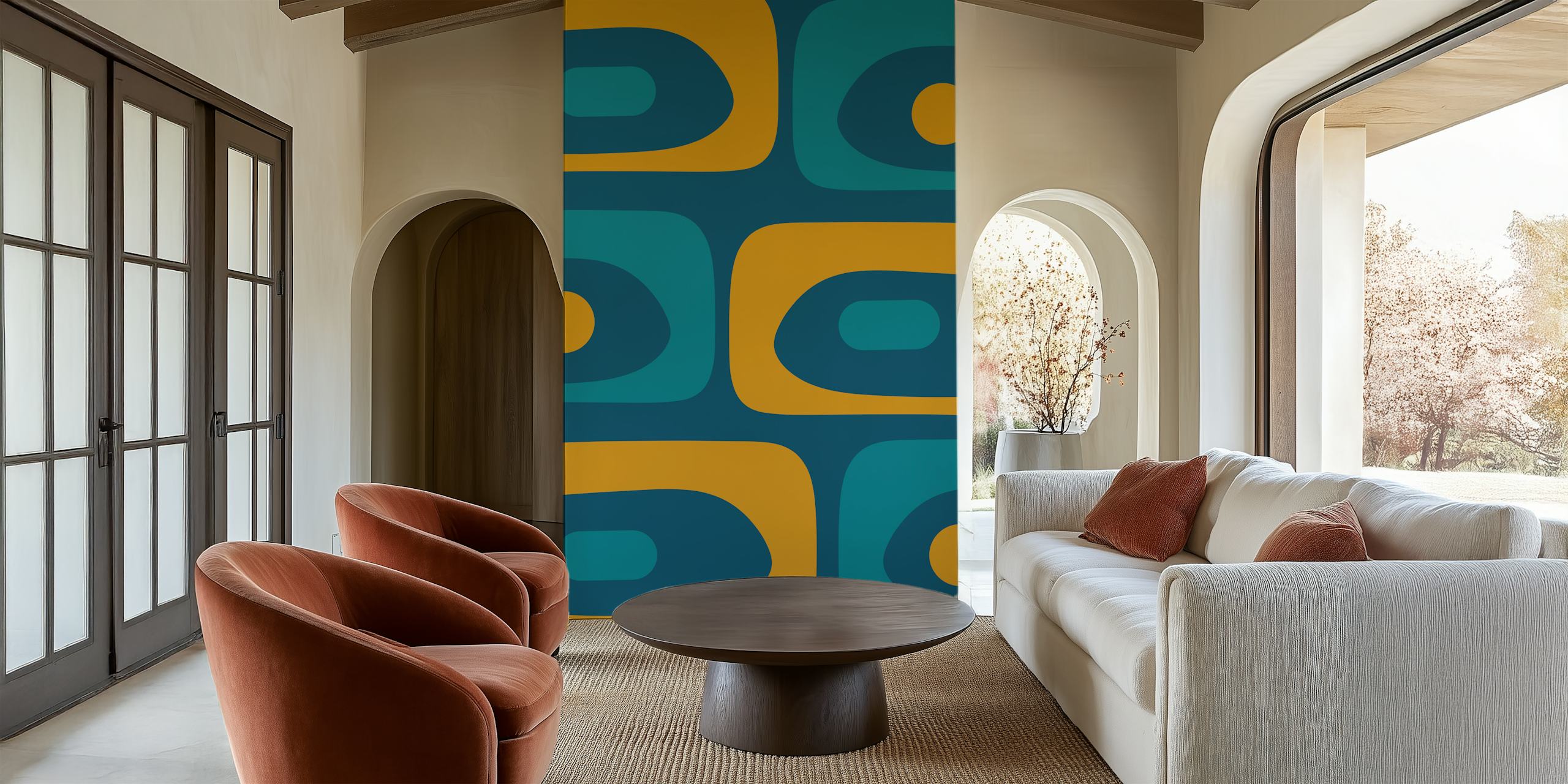 Teal and gold abstract shapes wallpaper in Mid Century Modern style
