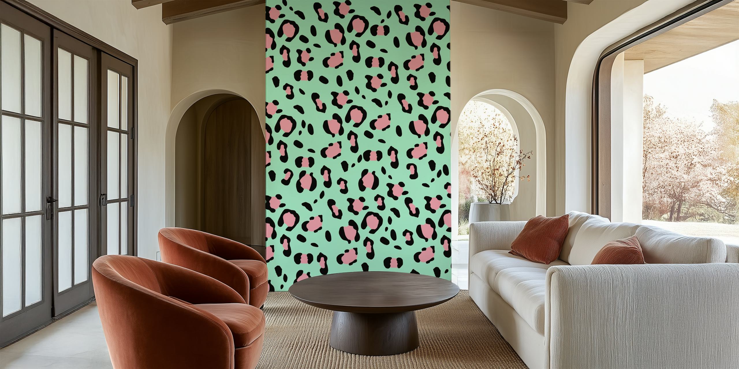 Leopard Animal Print Glam wall mural with pink spots on mint background