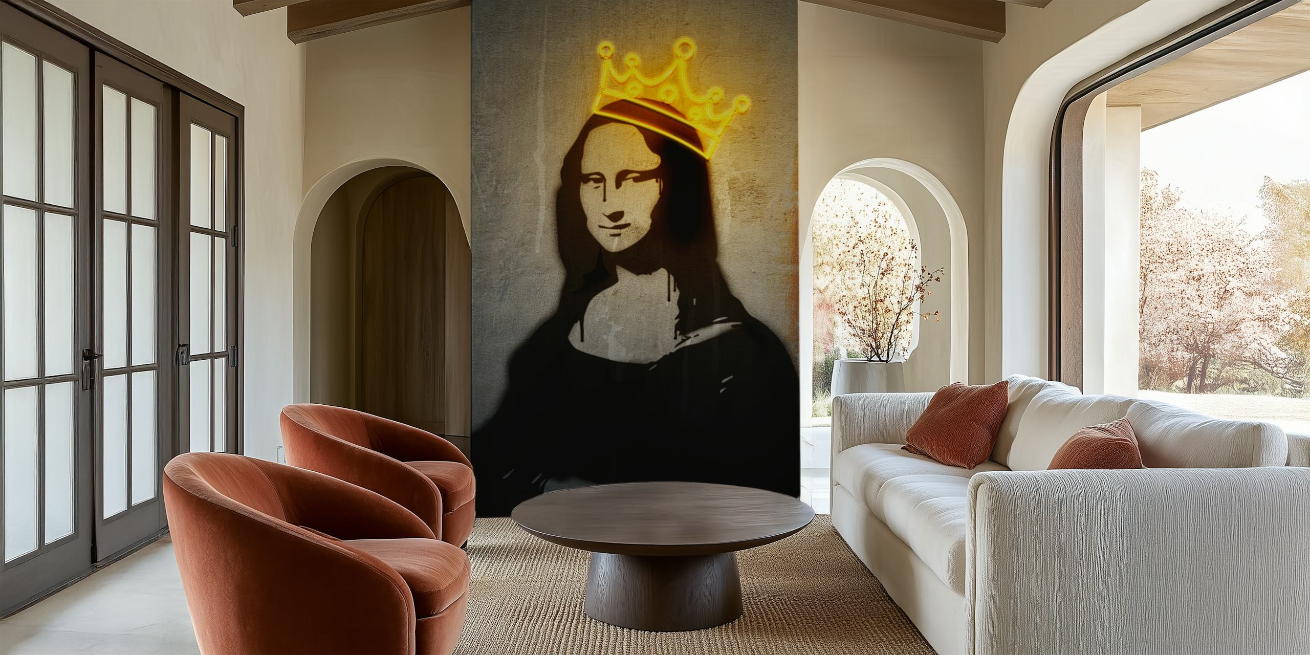 Monalisa con un murale con corona al neon