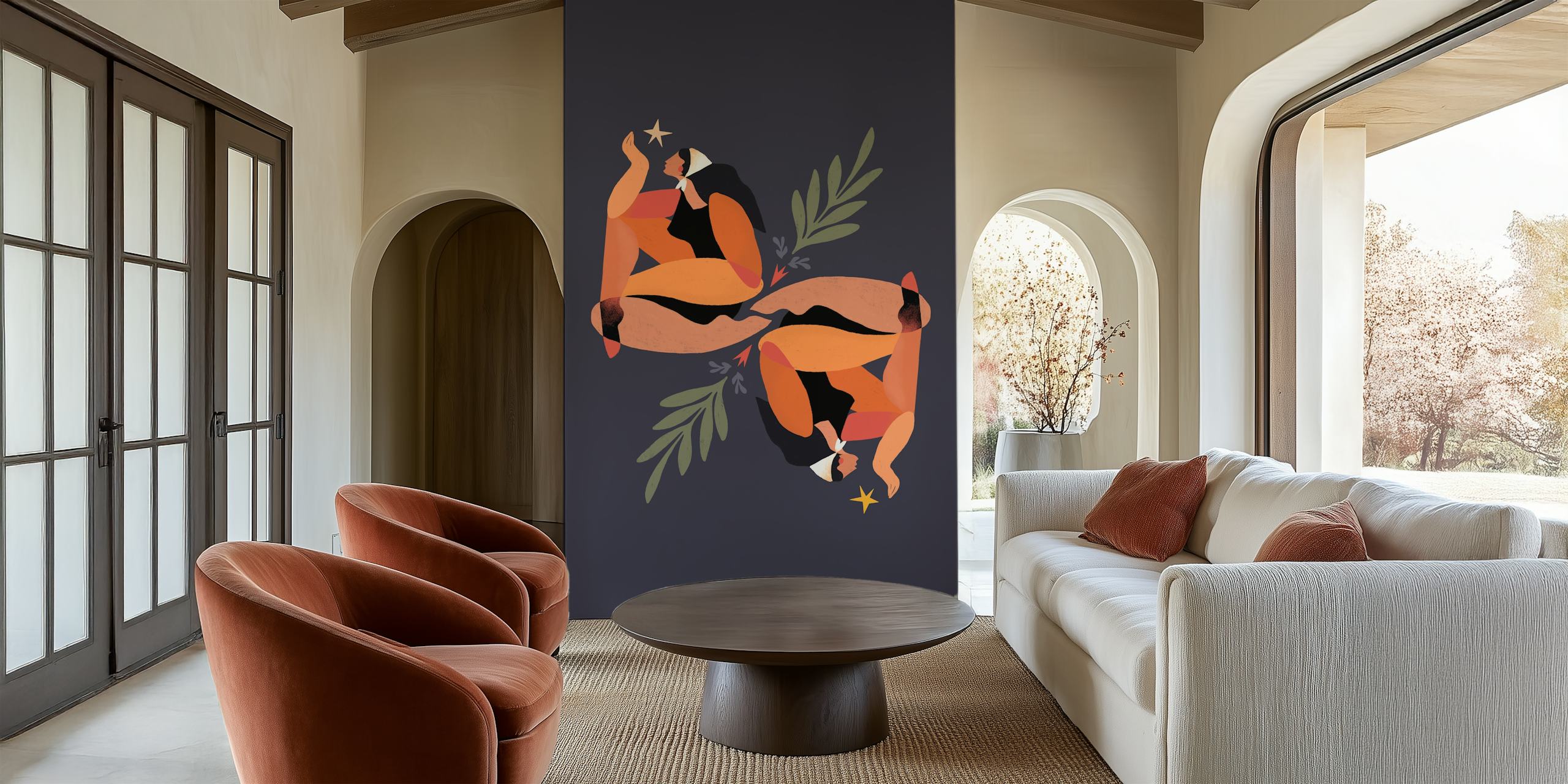 Abstract woman and nature elements in warm colors wallpaper