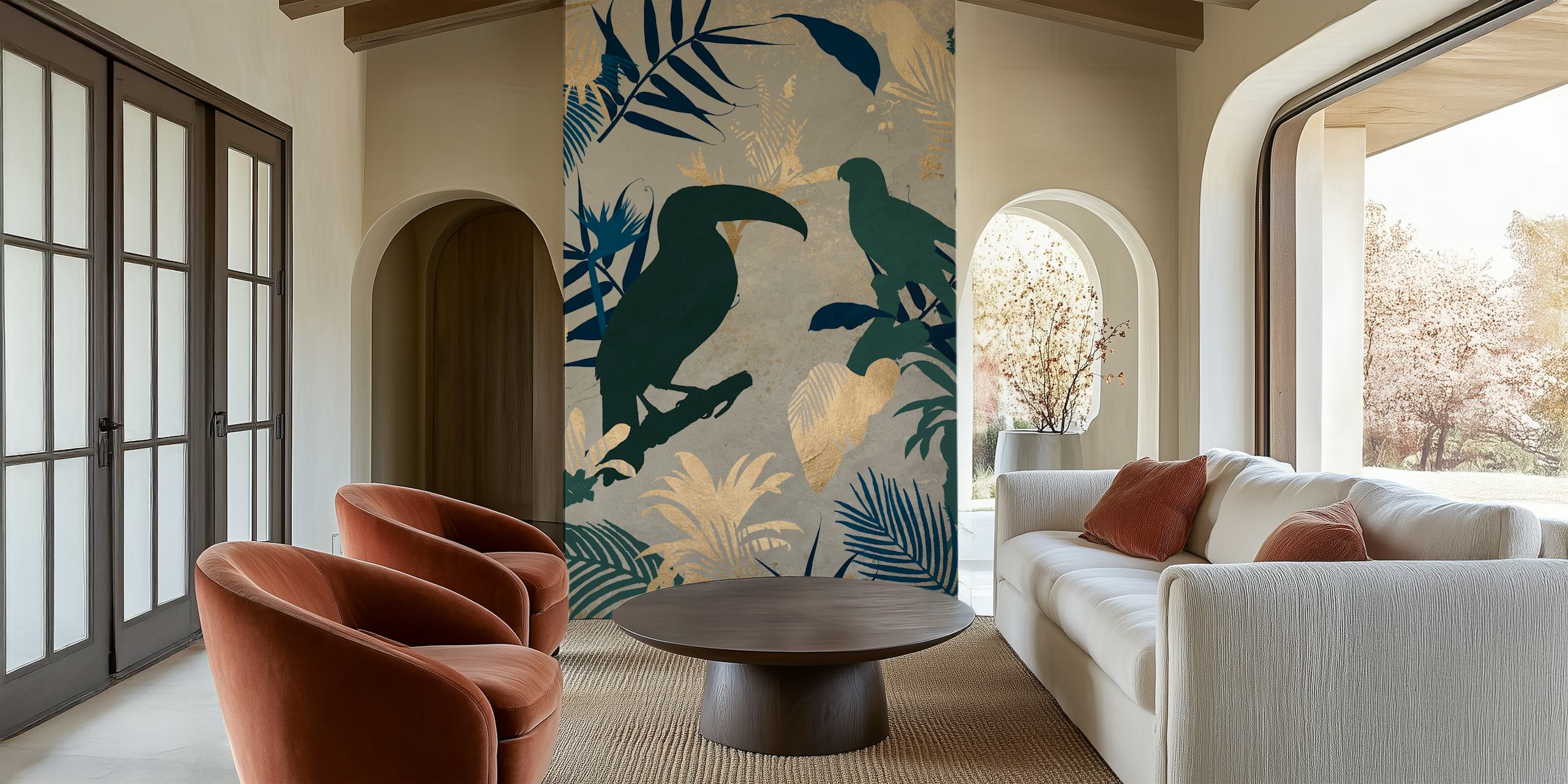 Tropical leaf patterns with green and gold birds wallpaper