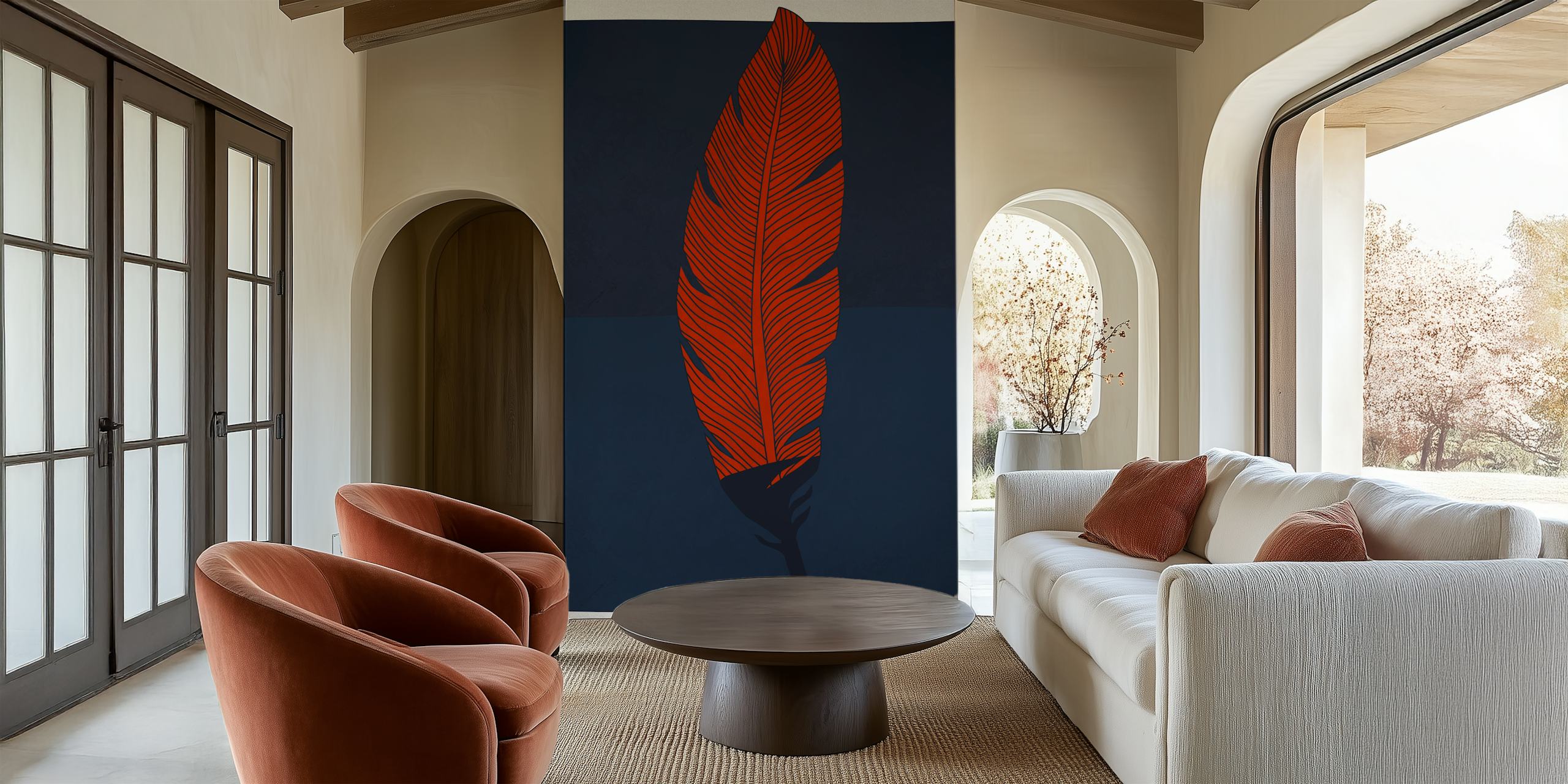 Red autumn leaf on a blue background wall mural