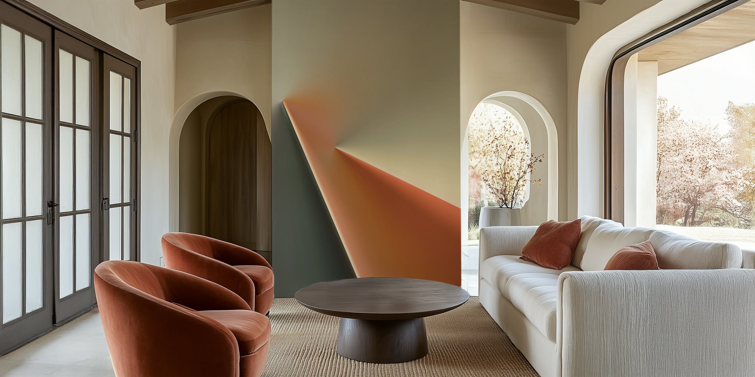 Abstract geometric design in light green and orange wallpaper