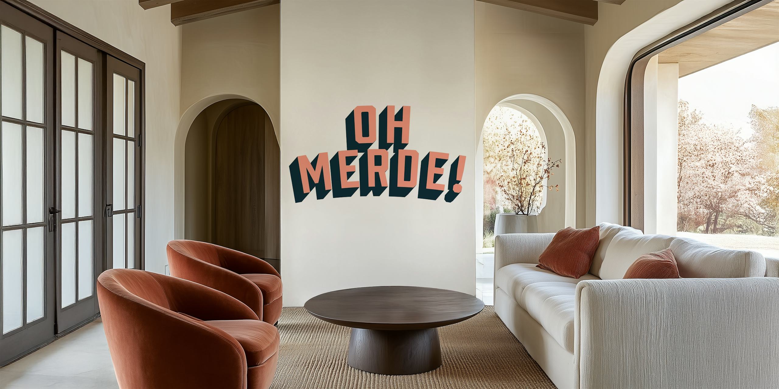 Bold typography in pink and navy on white wallpaper