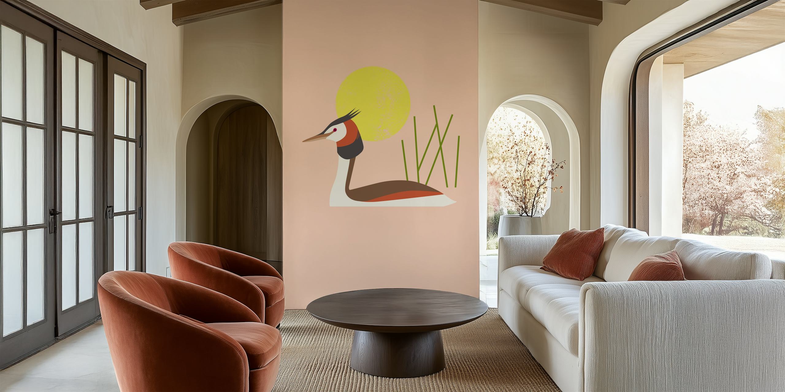 Great crested grebe bird with yellow sun and green reeds wallpaper