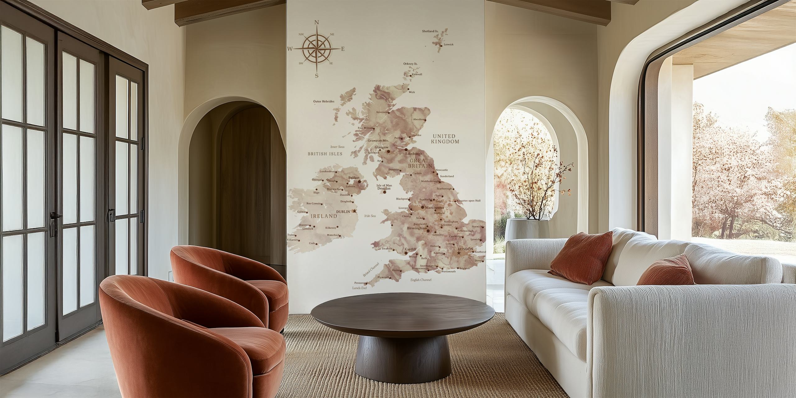 UK map brown watercolor behangontwerp