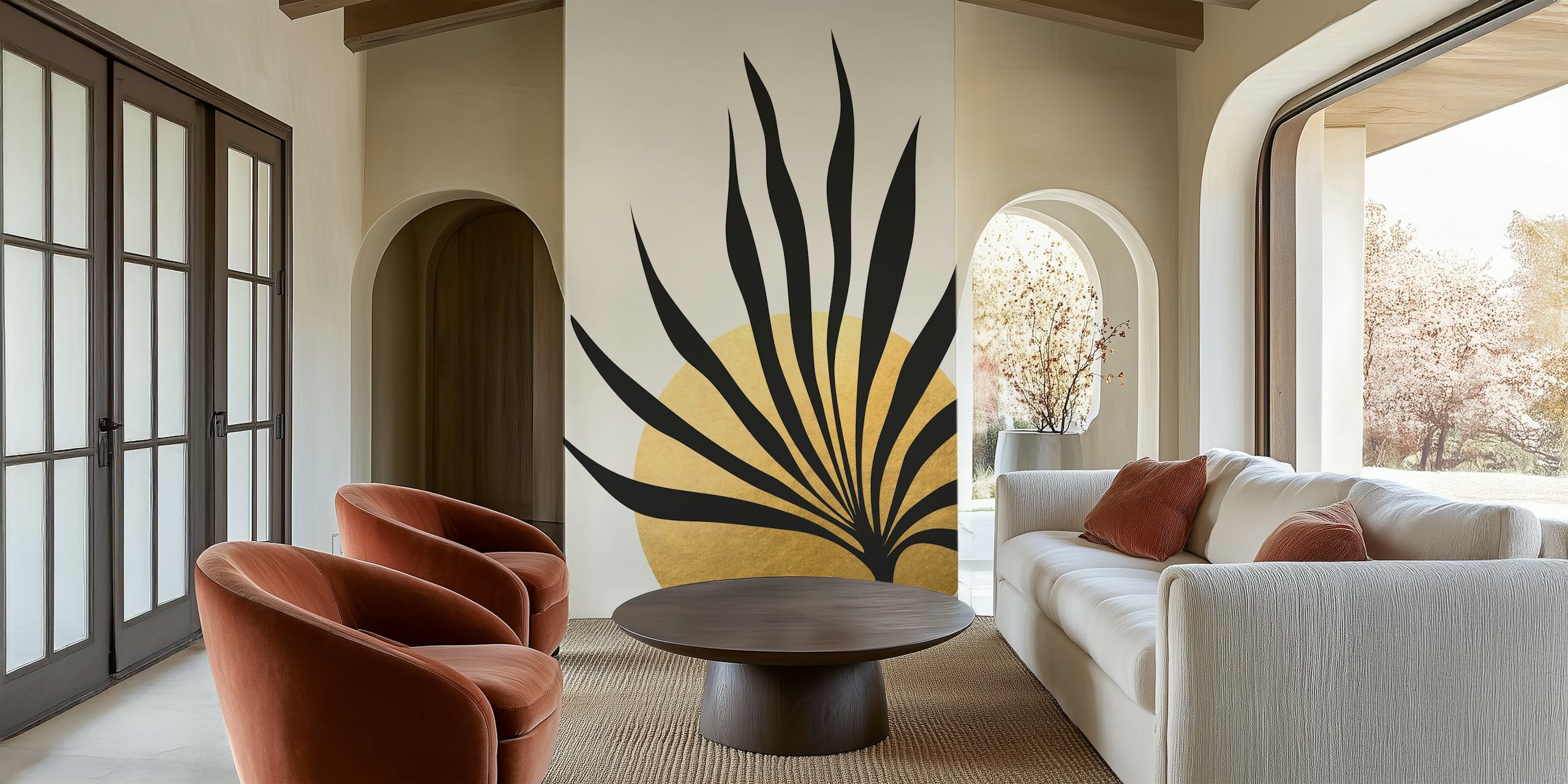 Black tropical palm leaf against a gold circle background wallpaper