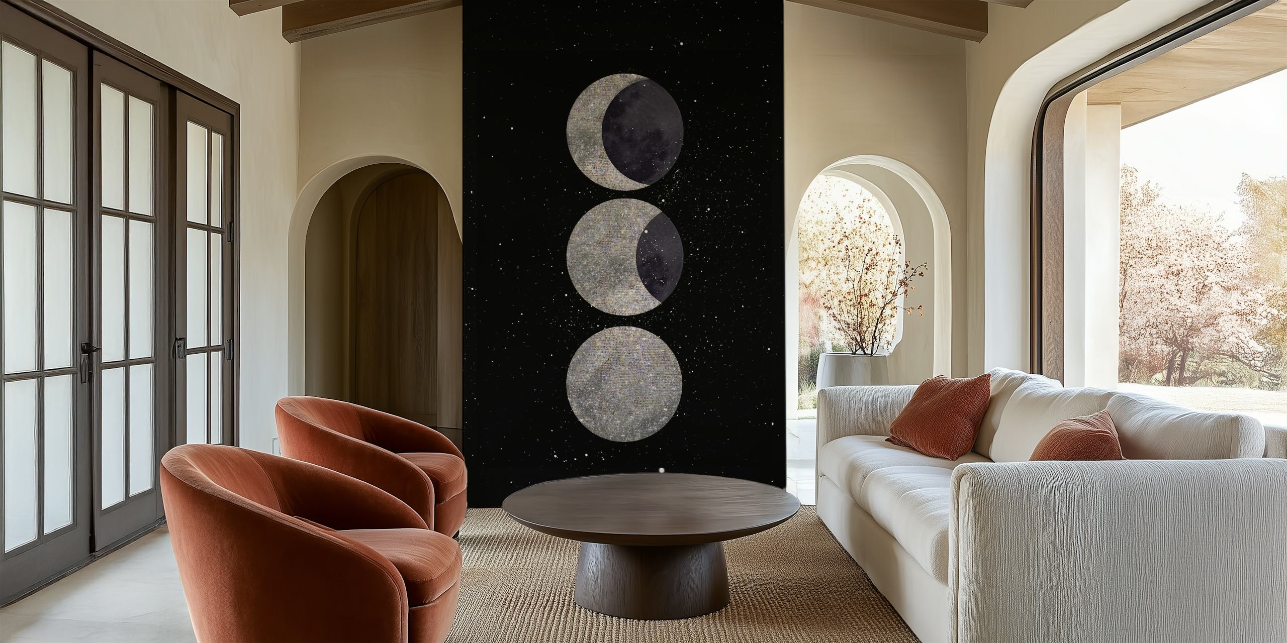 Three phases of the moon in grayscale against a black background wallpaper