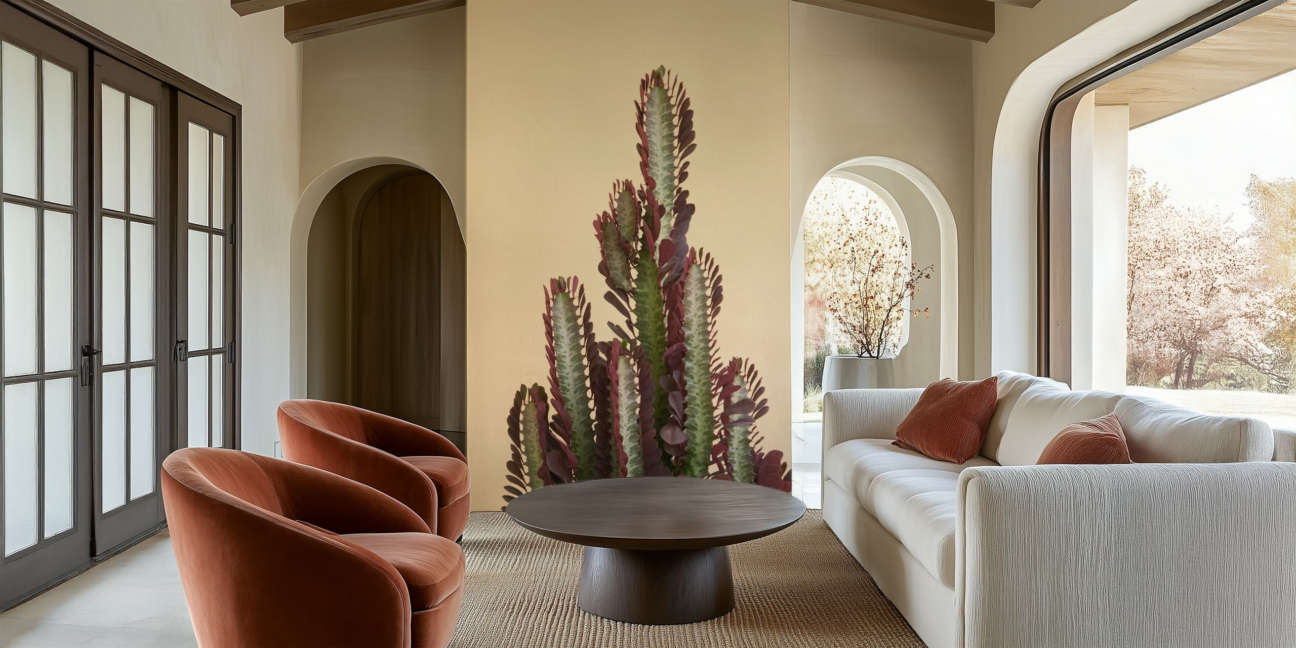 Cactus plant with purple and green leaves on beige background wallpaper