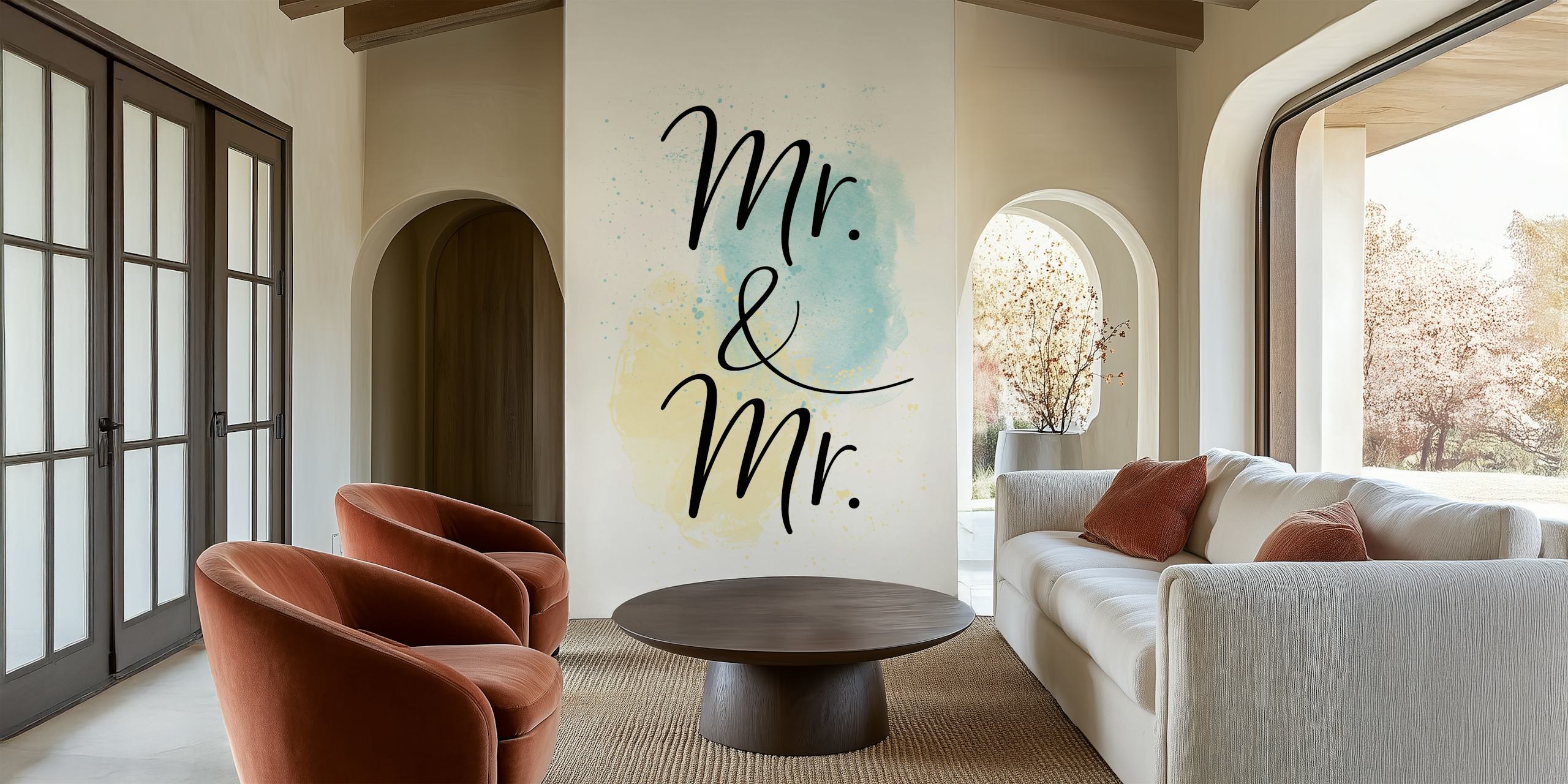 Calligraphy 'Mr & Mr' in blue and beige watercolor wallpaper
