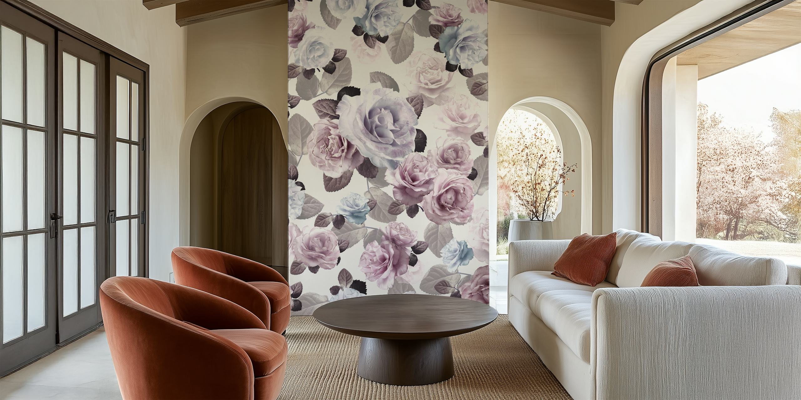 Pink and purple roses with leaves on white background wallpaper