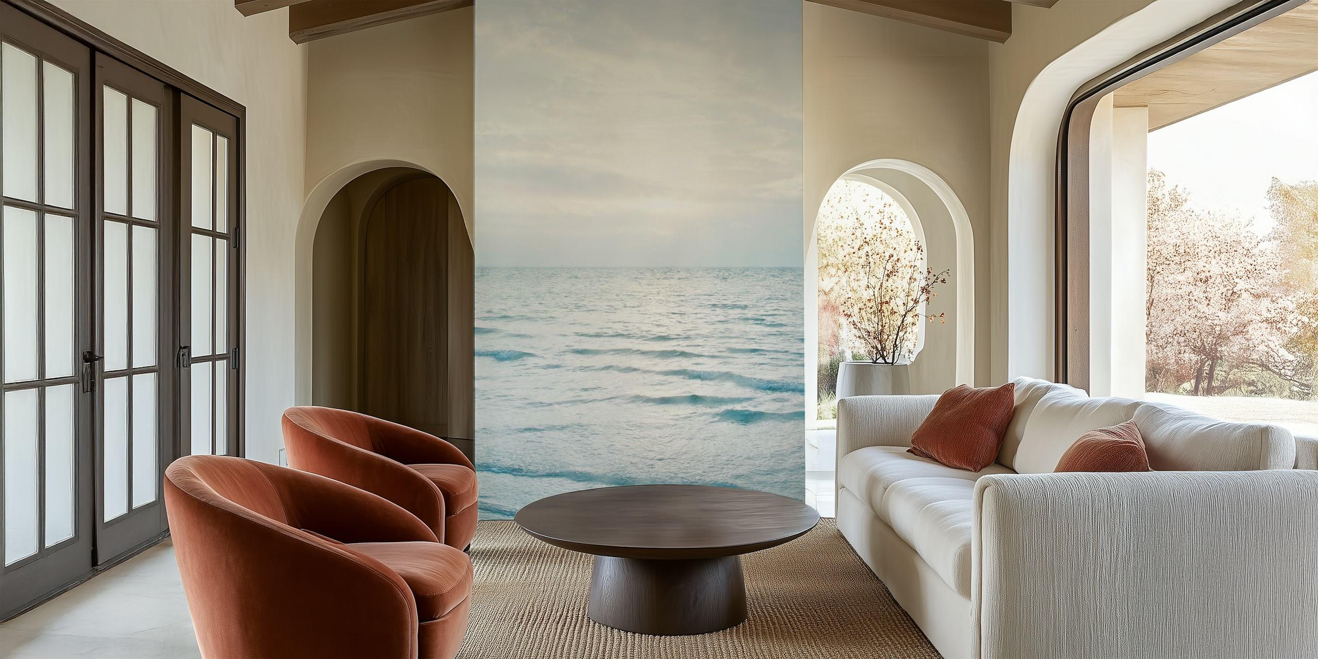 Calm ocean waves at sunrise with soft blue tones wallpaper