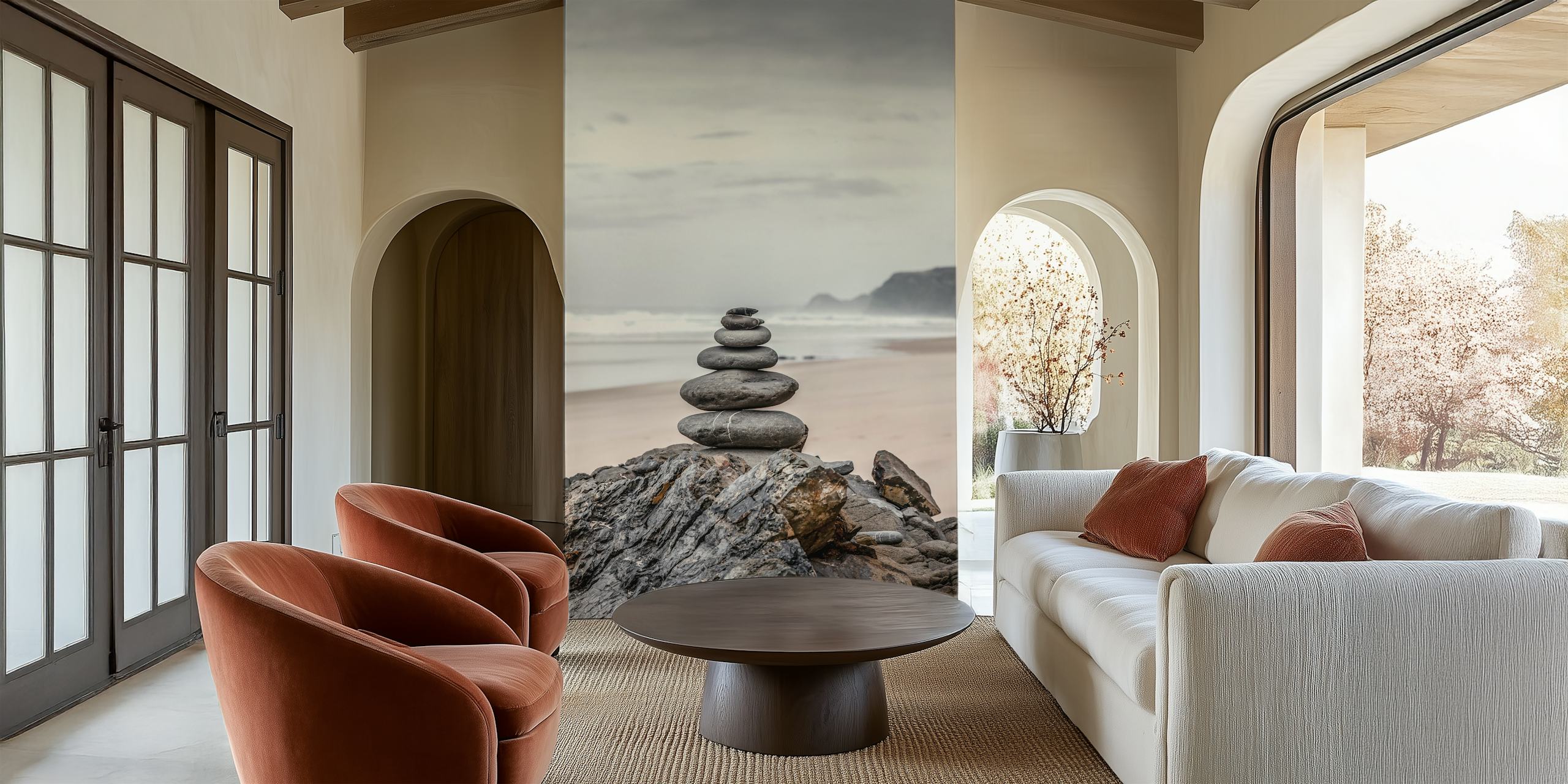 Zen-like rock balancing on driftwood on a misty Portuguese beach wall mural