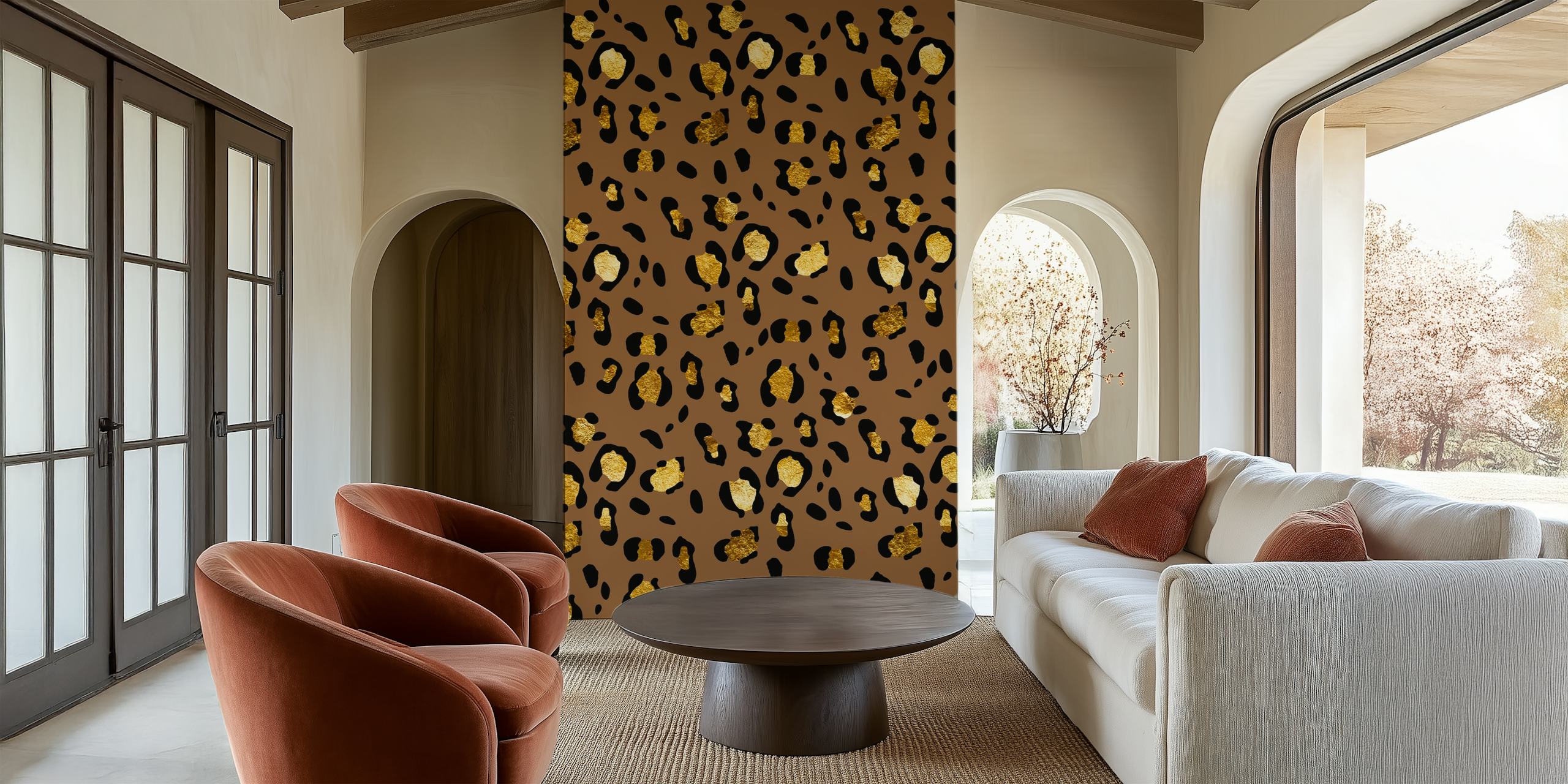 Leopard Animal Print Glam 29 wall mural with golden spots on a coffee-colored background